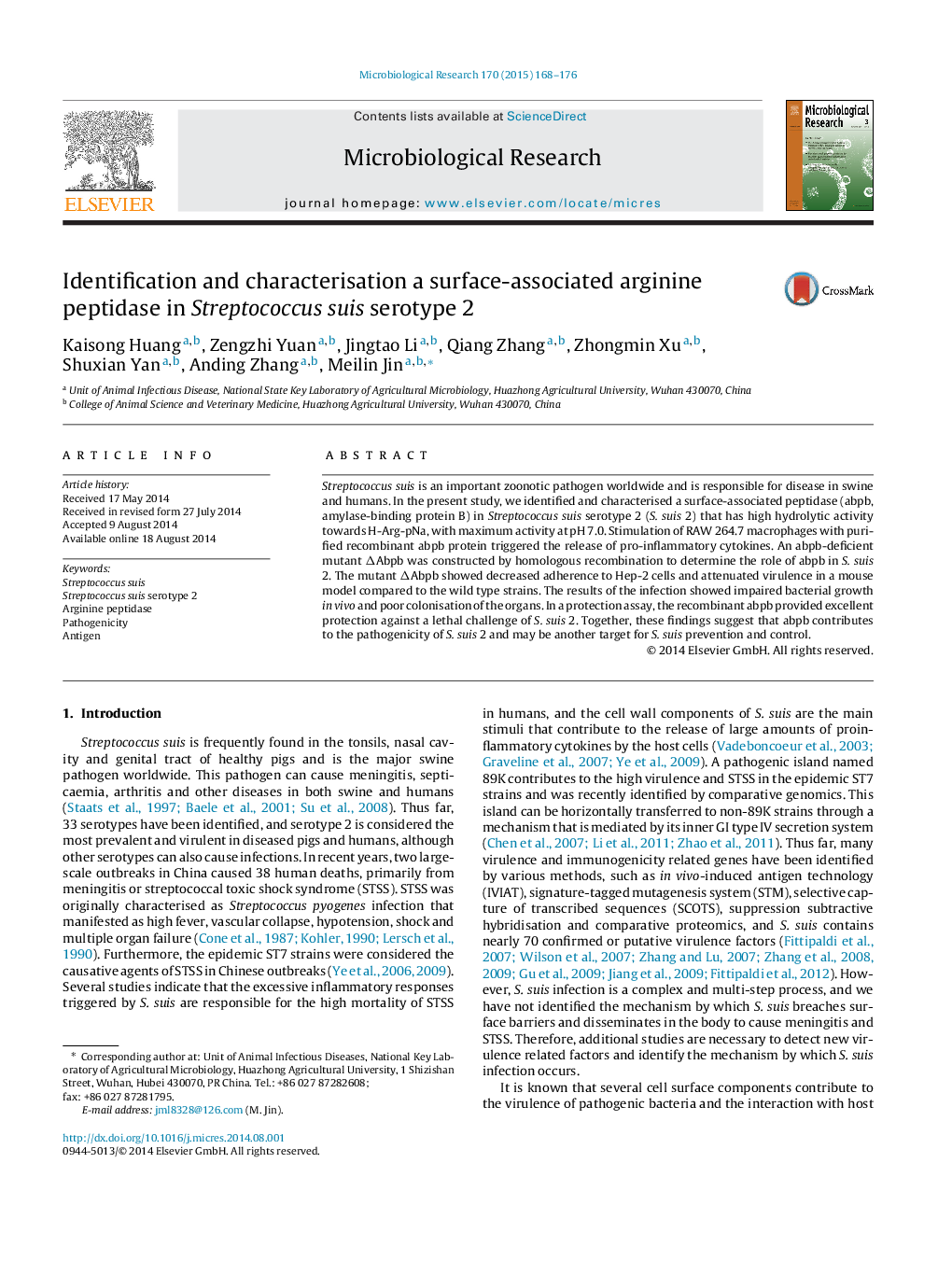 Identification and characterisation a surface-associated arginine peptidase in Streptococcus suis serotype 2