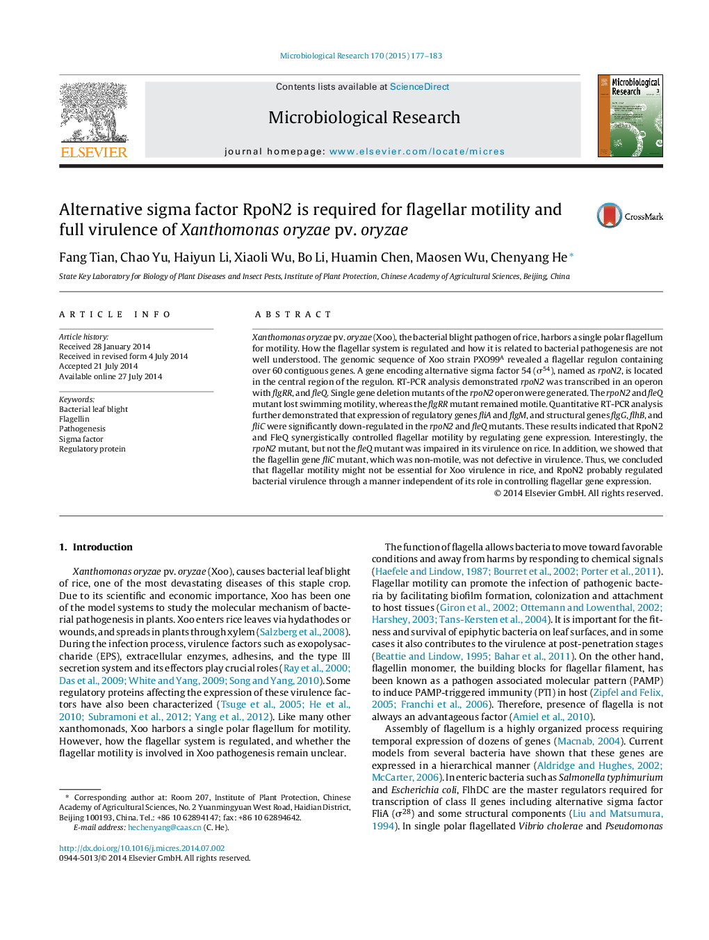 Alternative sigma factor RpoN2 is required for flagellar motility and full virulence of Xanthomonas oryzae pv. oryzae