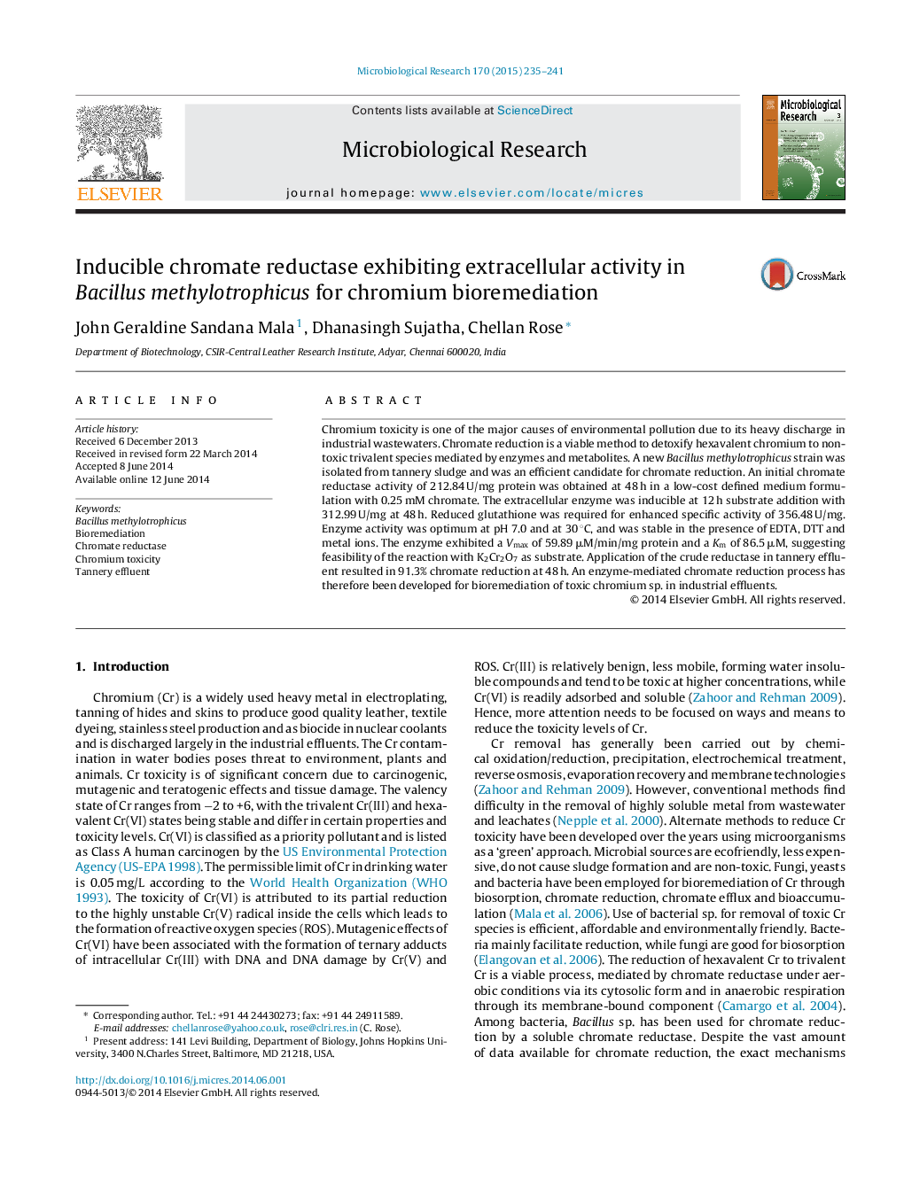 Inducible chromate reductase exhibiting extracellular activity in Bacillus methylotrophicus for chromium bioremediation