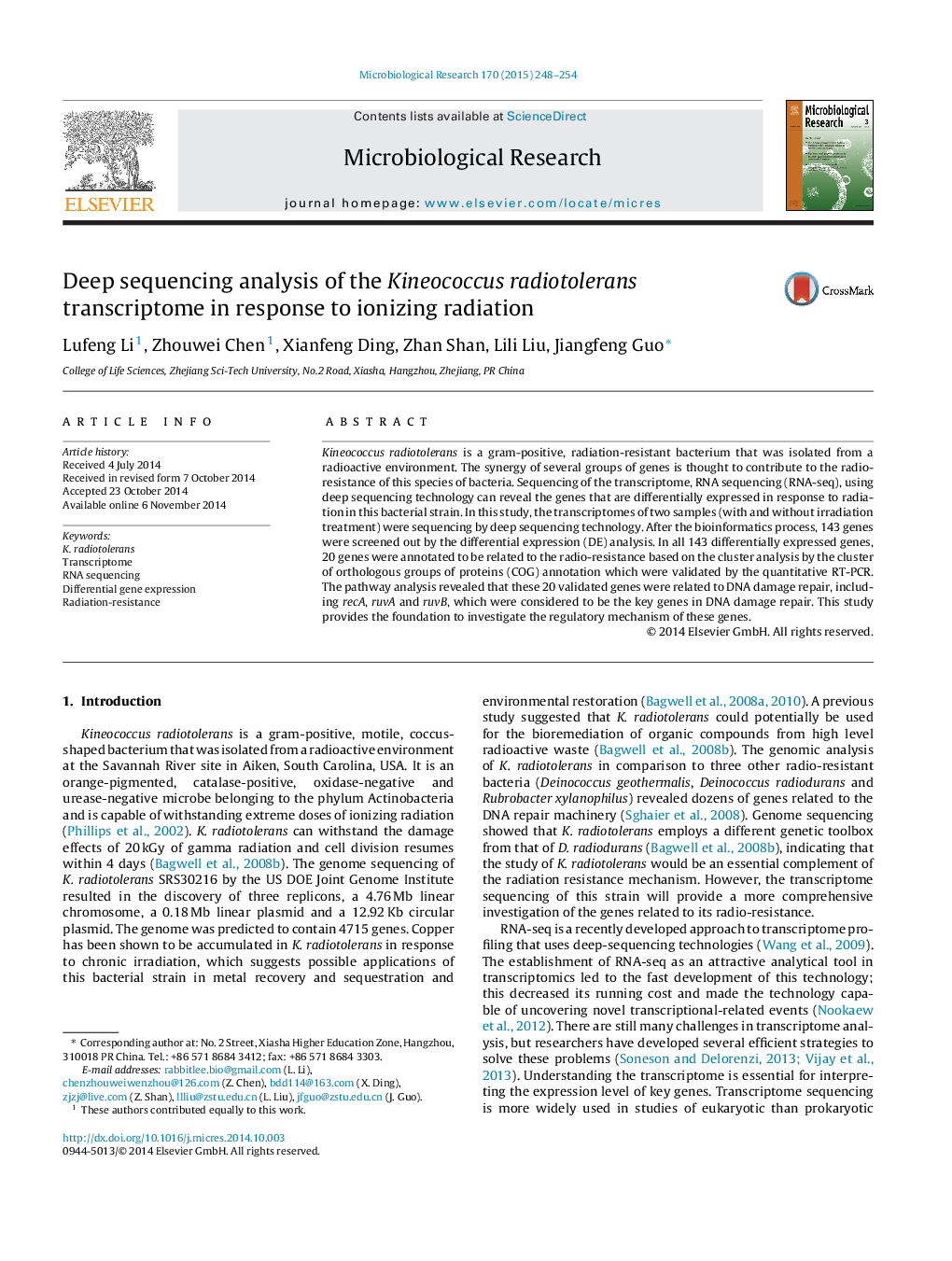 Deep sequencing analysis of the Kineococcus radiotolerans transcriptome in response to ionizing radiation