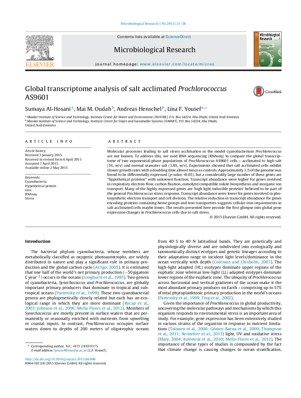 Global transcriptome analysis of salt acclimated Prochlorococcus AS9601