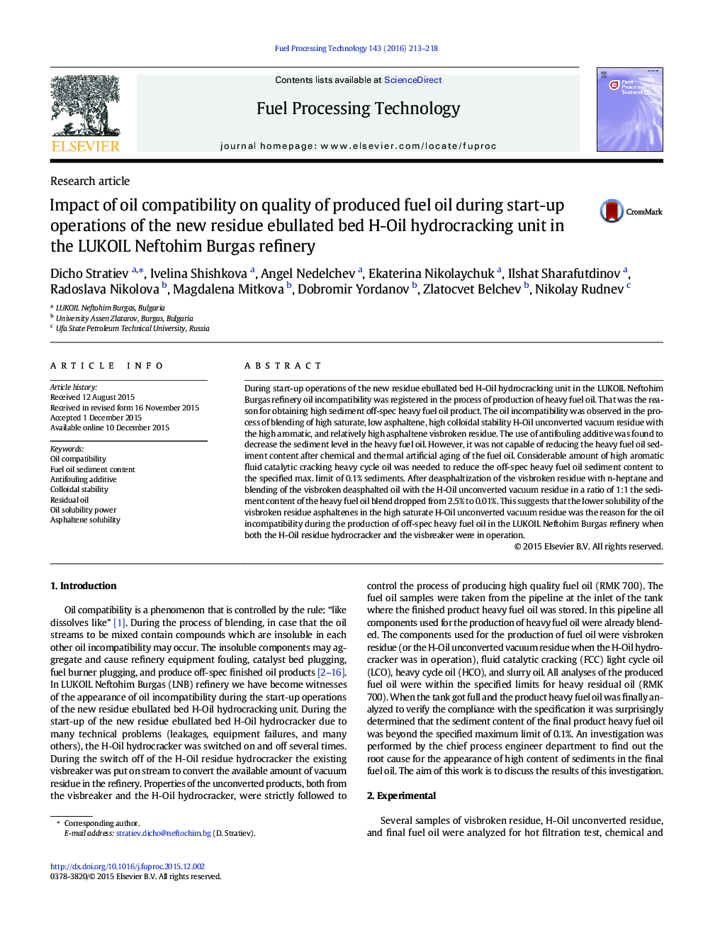 Impact of oil compatibility on quality of produced fuel oil during start-up operations of the new residue ebullated bed H-Oil hydrocracking unit in the LUKOIL Neftohim Burgas refinery
