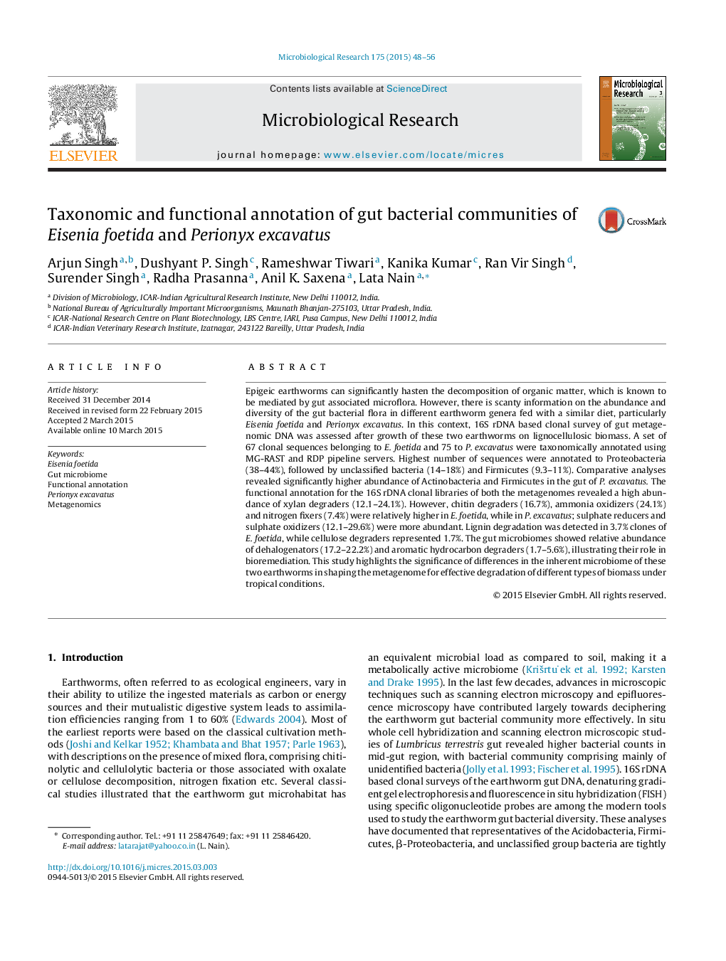 Taxonomic and functional annotation of gut bacterial communities of Eisenia foetida and Perionyx excavatus