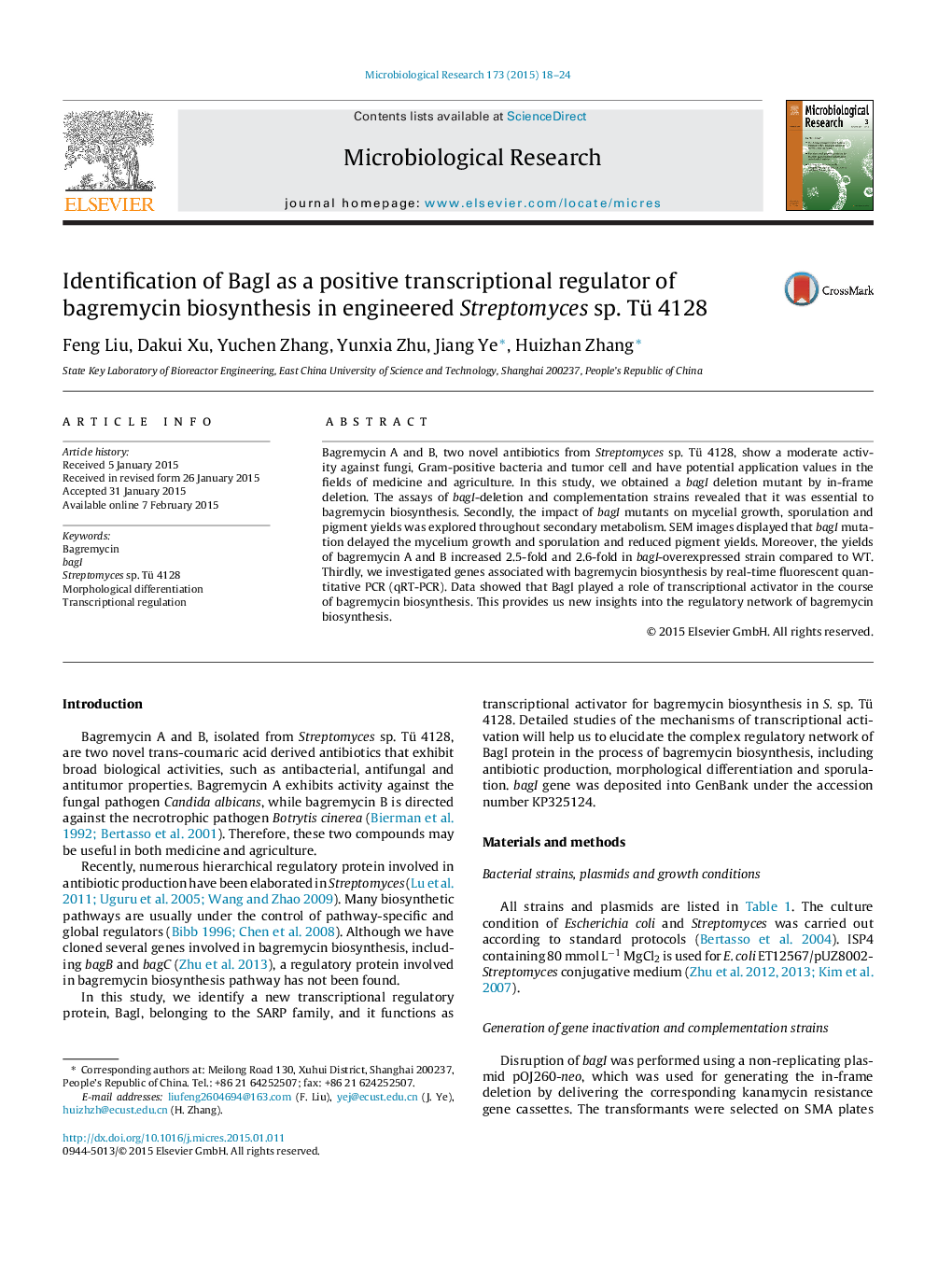 Identification of BagI as a positive transcriptional regulator of bagremycin biosynthesis in engineered Streptomyces sp. Tü 4128