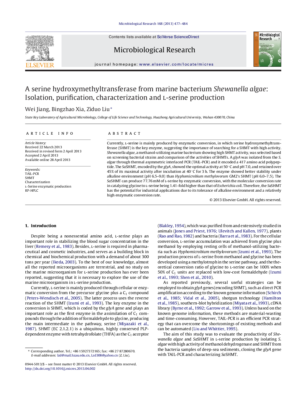 A serine hydroxymethyltransferase from marine bacterium Shewanella algae: Isolation, purification, characterization and l-serine production