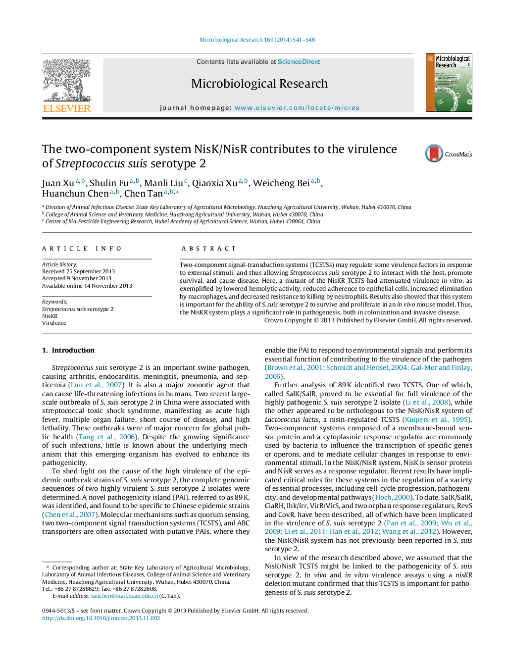 The two-component system NisK/NisR contributes to the virulence of Streptococcus suis serotype 2