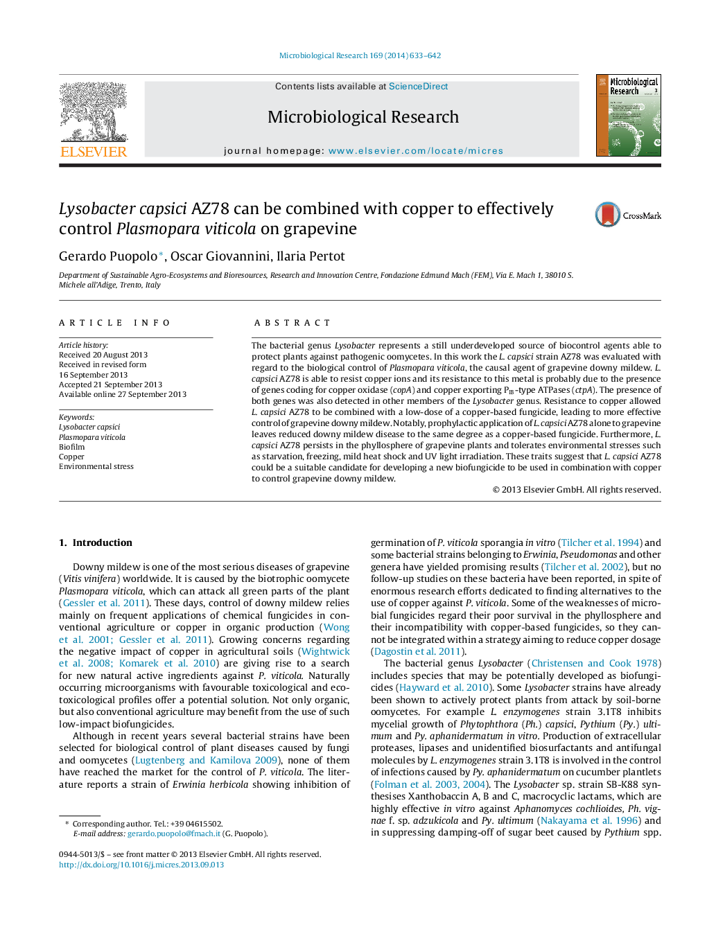 Lysobacter capsici AZ78 can be combined with copper to effectively control Plasmopara viticola on grapevine