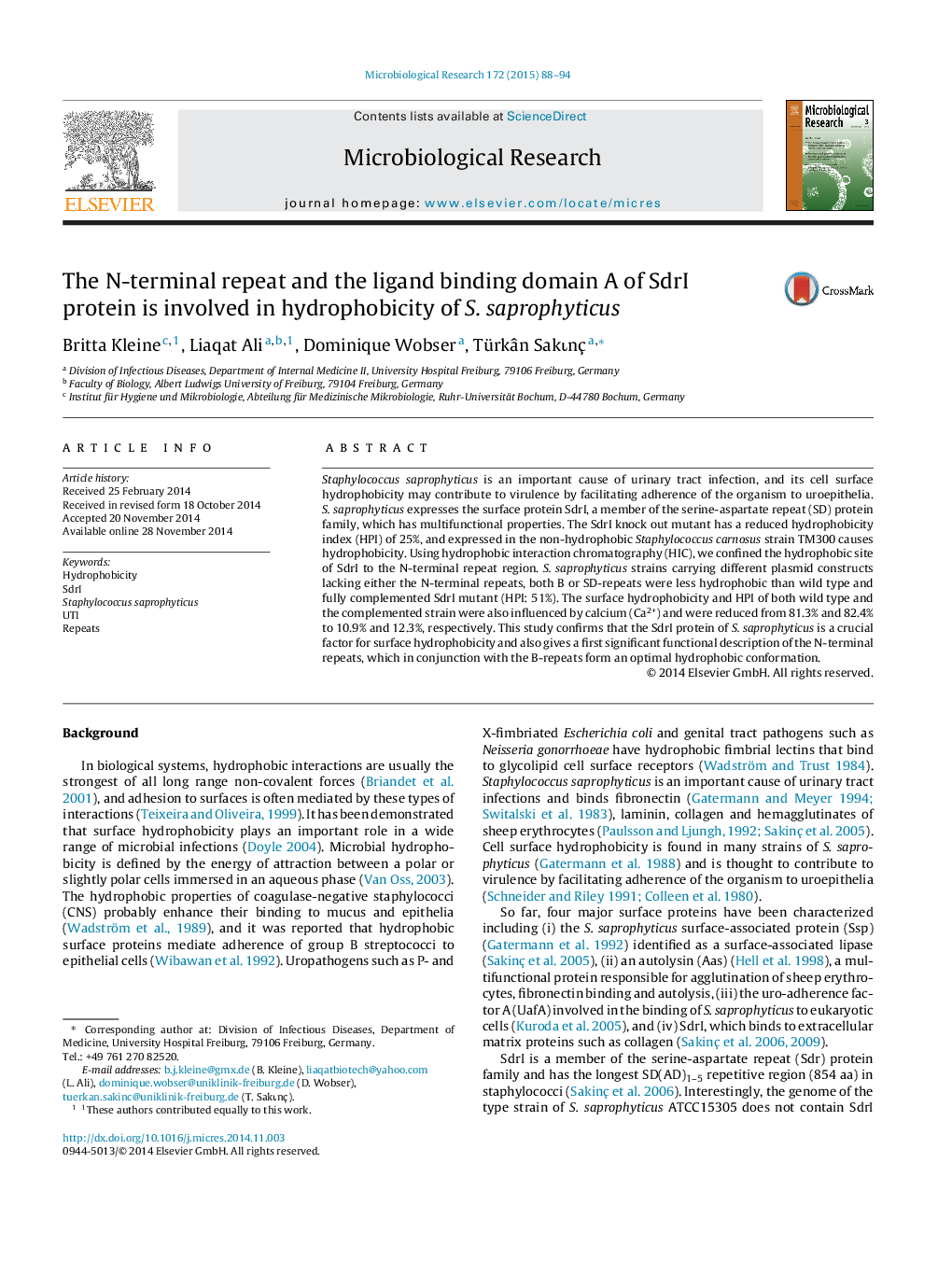 The N-terminal repeat and the ligand binding domain A of SdrI protein is involved in hydrophobicity of S. saprophyticus