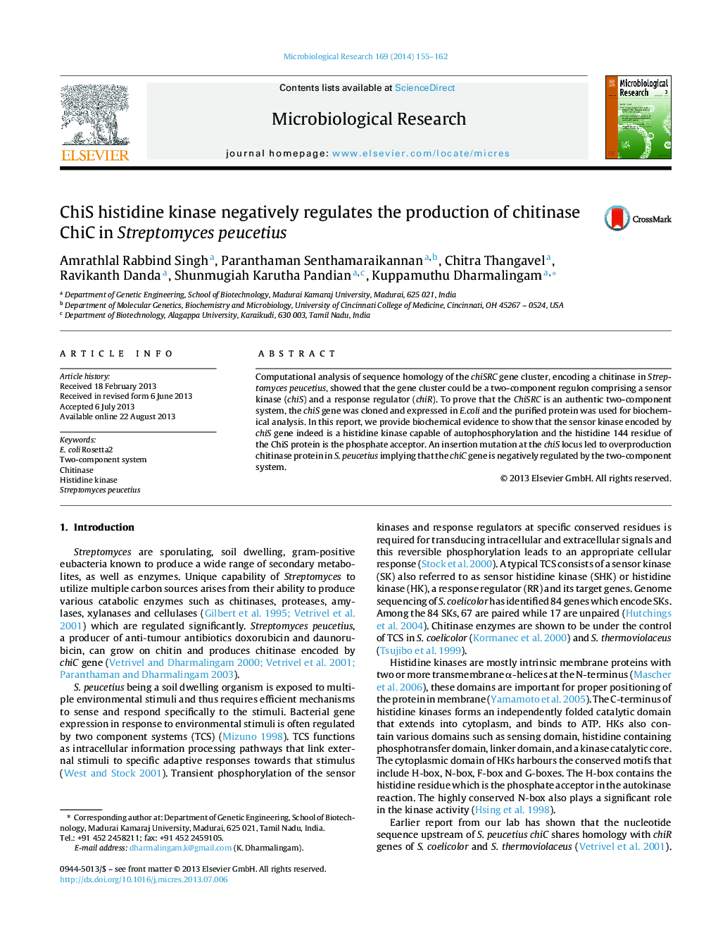 ChiS histidine kinase negatively regulates the production of chitinase ChiC in Streptomyces peucetius