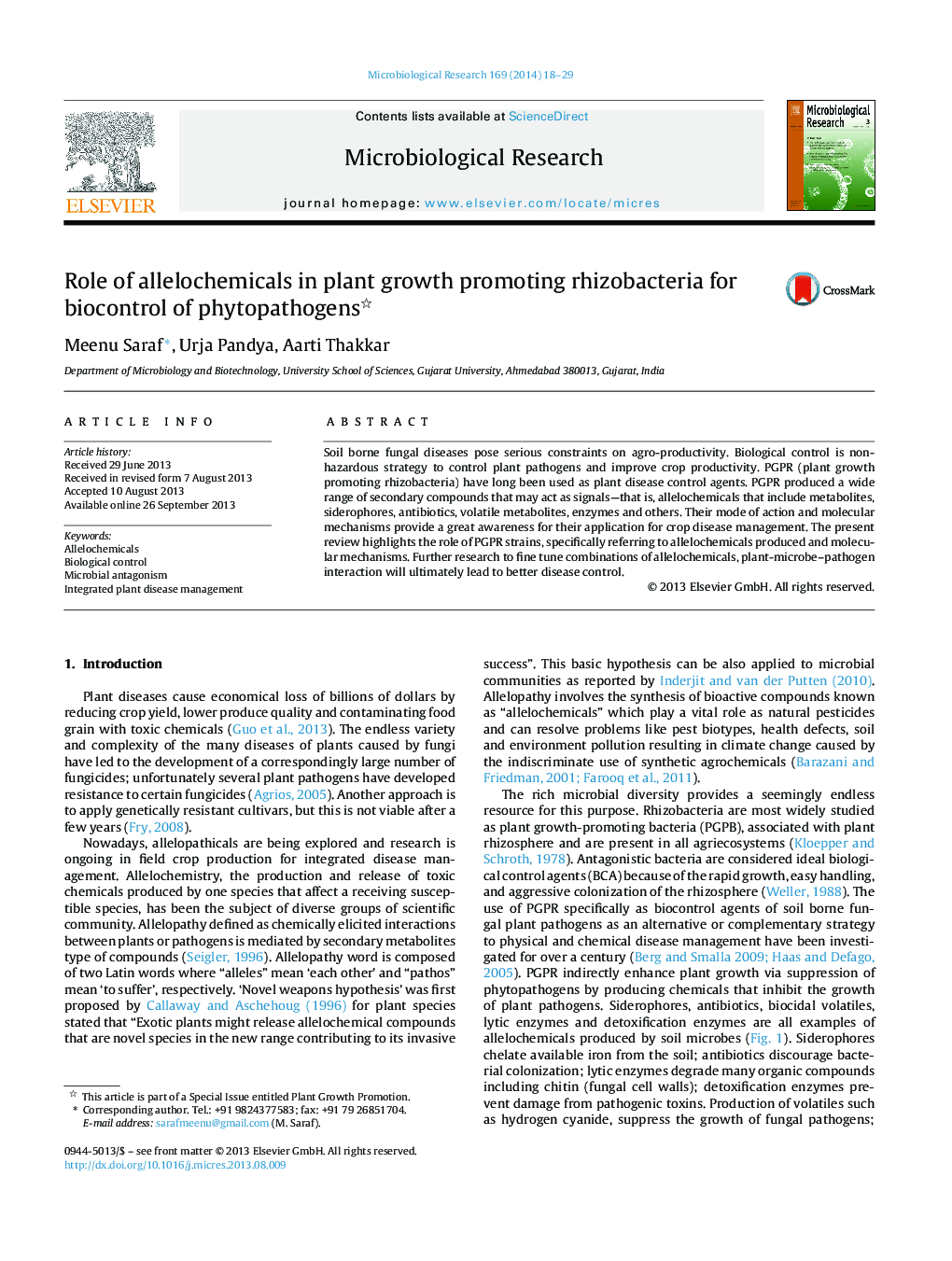 Role of allelochemicals in plant growth promoting rhizobacteria for biocontrol of phytopathogens 
