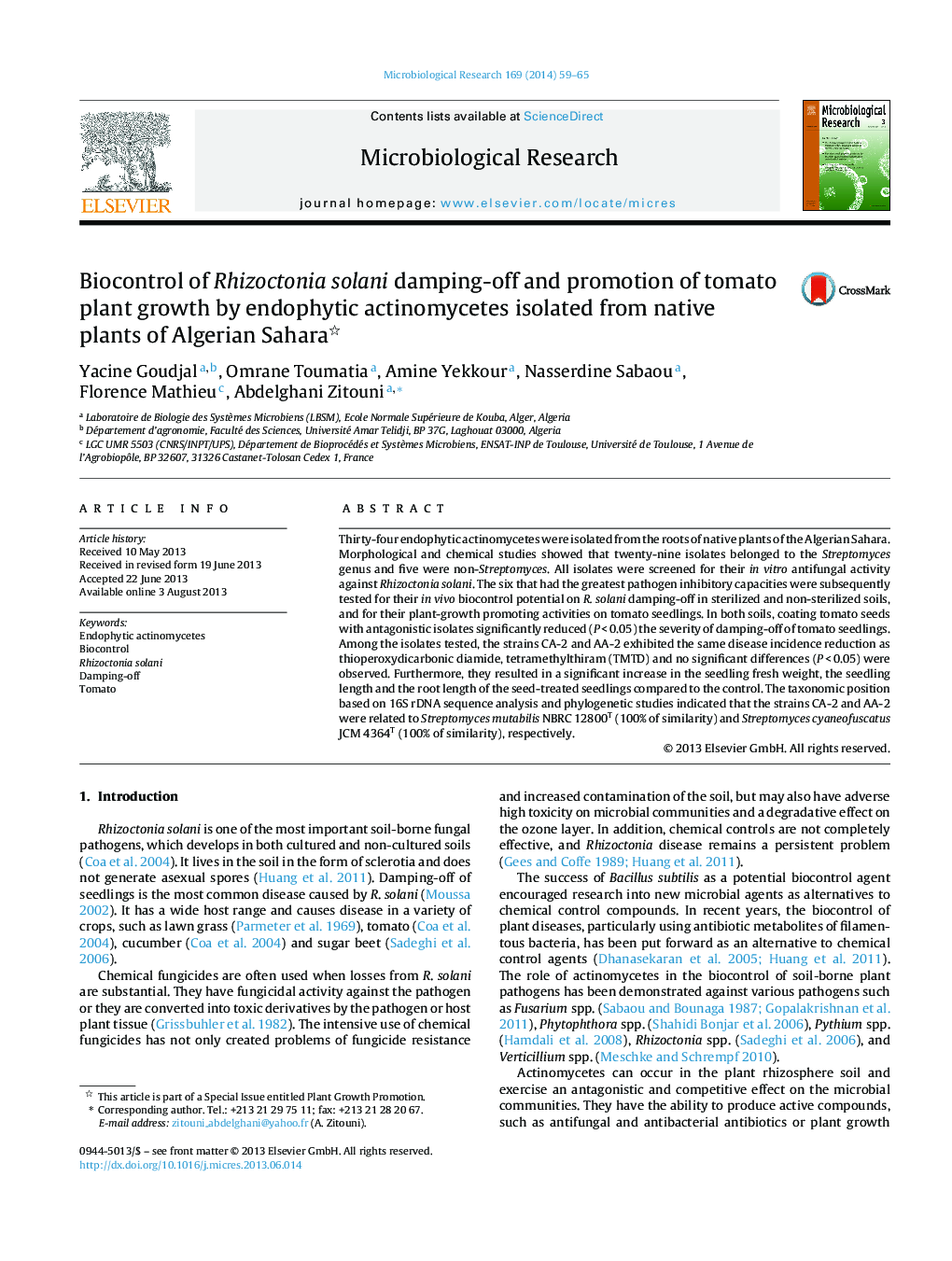 Biocontrol of Rhizoctonia solani damping-off and promotion of tomato plant growth by endophytic actinomycetes isolated from native plants of Algerian Sahara ?