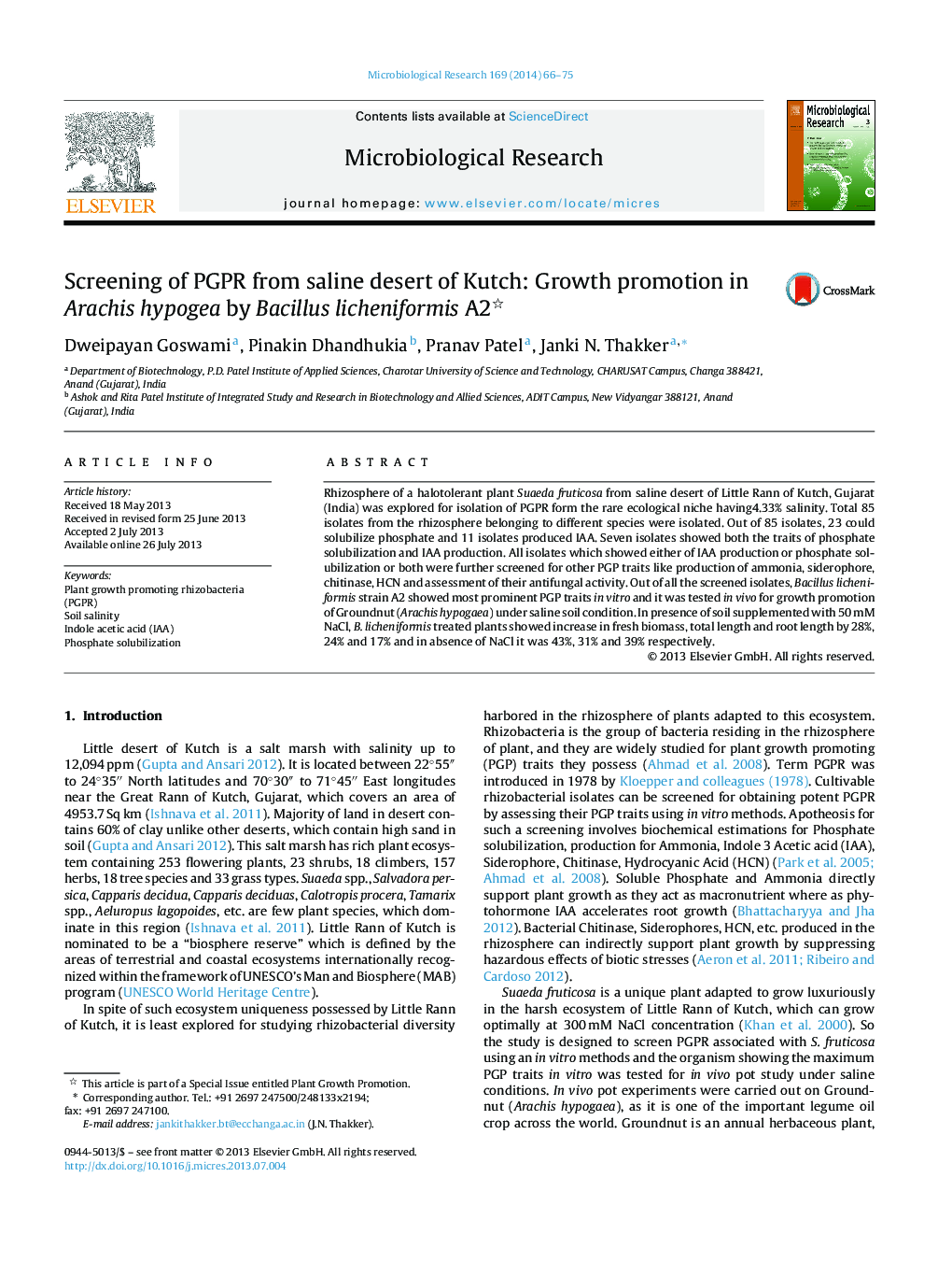 Screening of PGPR from saline desert of Kutch: Growth promotion in Arachis hypogea by Bacillus licheniformis A2 ?