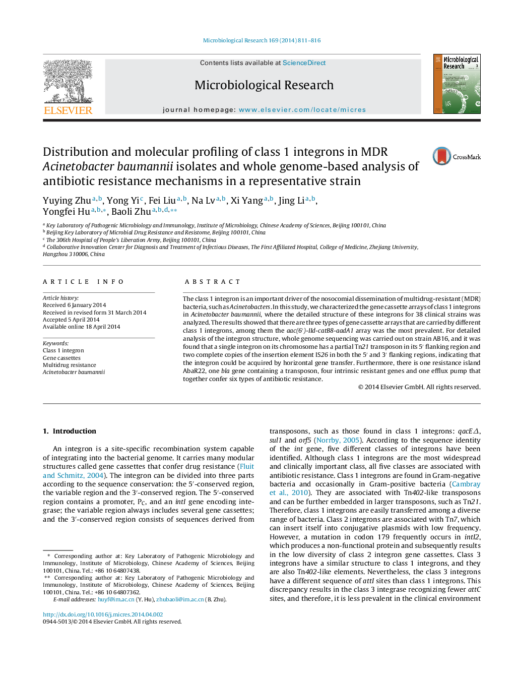 Distribution and molecular profiling of class 1 integrons in MDR Acinetobacter baumannii isolates and whole genome-based analysis of antibiotic resistance mechanisms in a representative strain