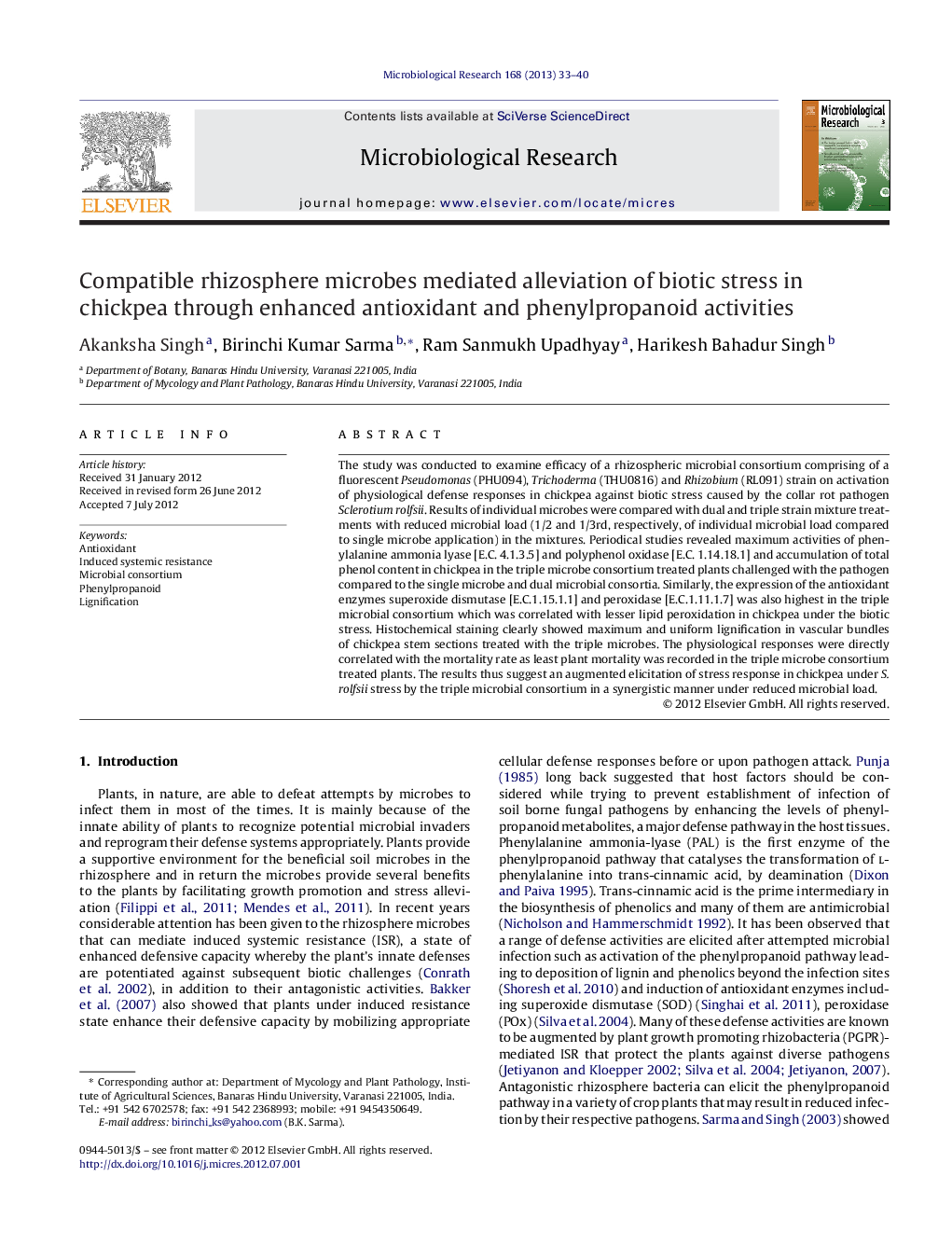 Compatible rhizosphere microbes mediated alleviation of biotic stress in chickpea through enhanced antioxidant and phenylpropanoid activities