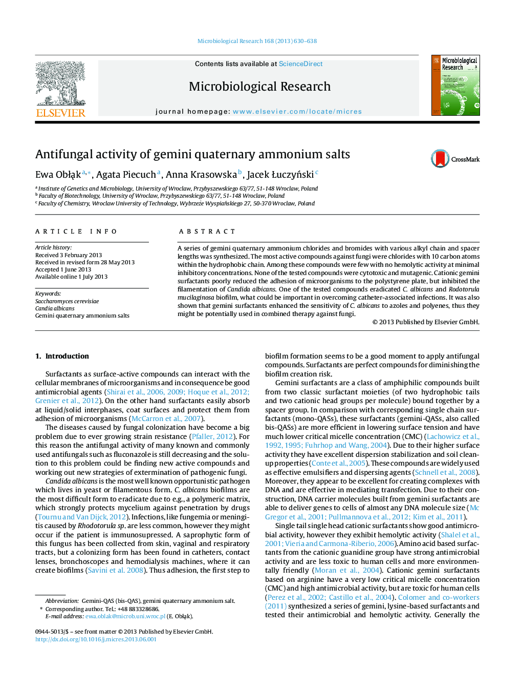 Antifungal activity of gemini quaternary ammonium salts