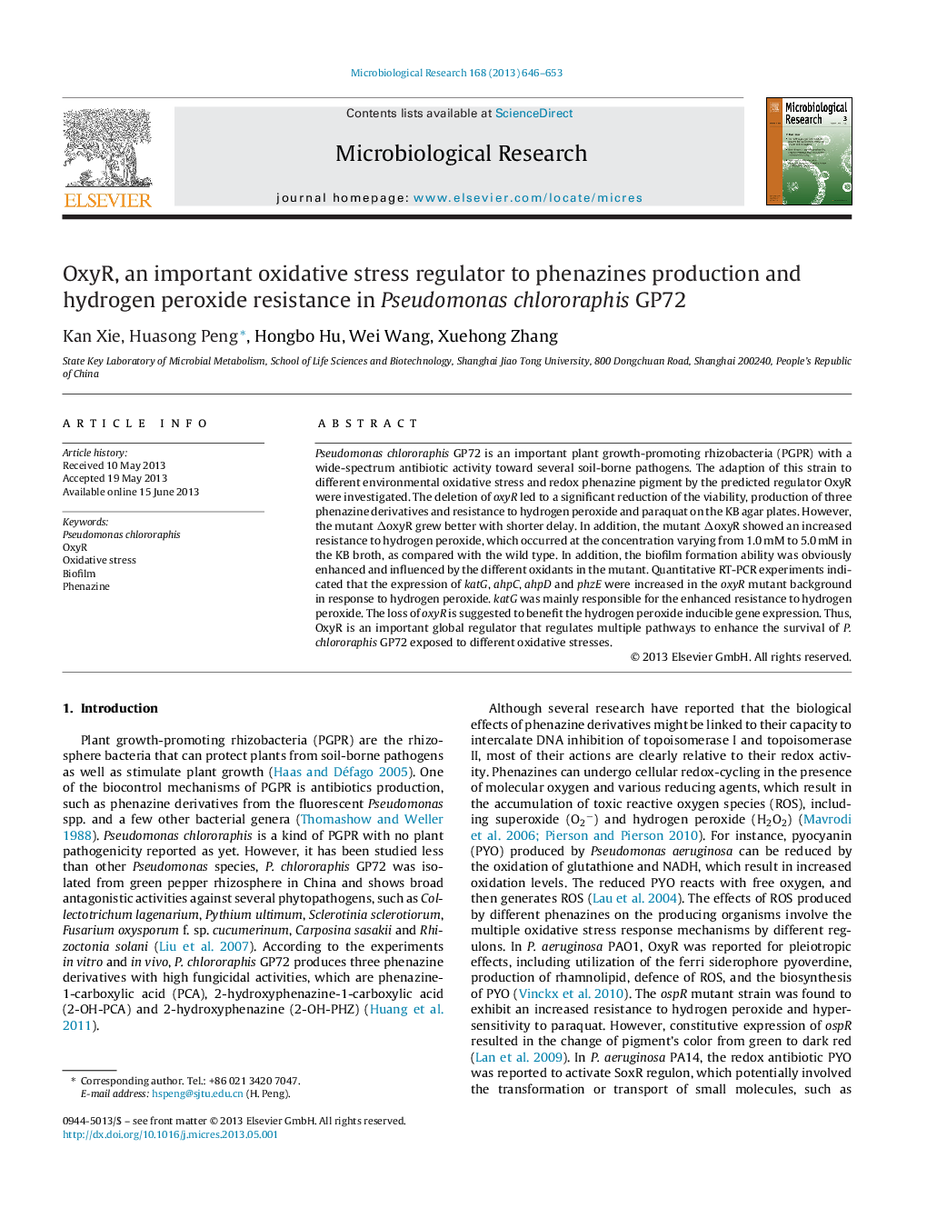 OxyR, an important oxidative stress regulator to phenazines production and hydrogen peroxide resistance in Pseudomonas chlororaphis GP72