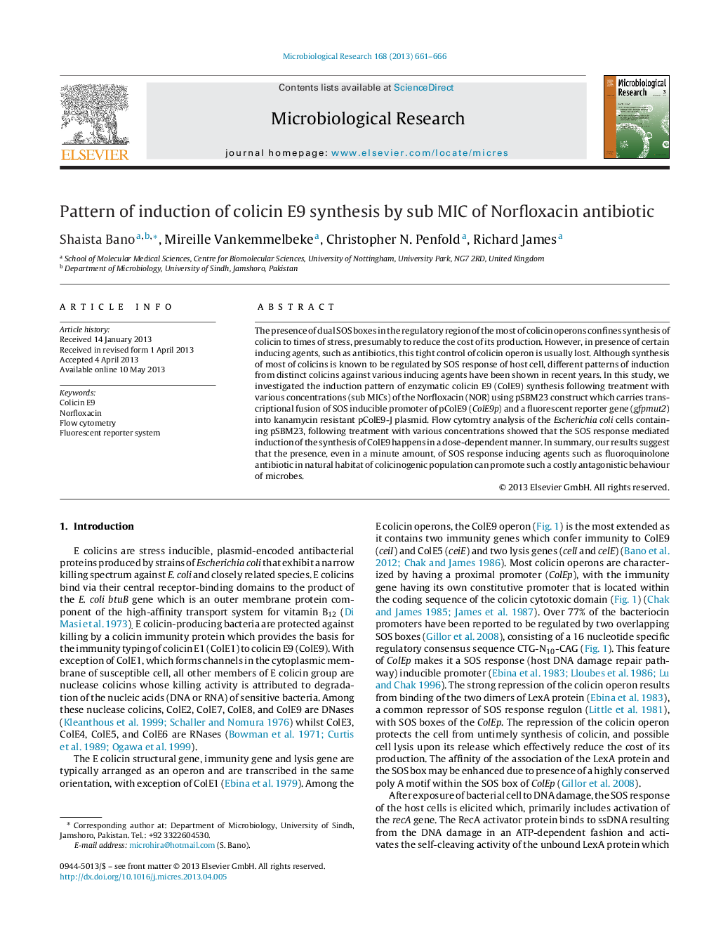 Pattern of induction of colicin E9 synthesis by sub MIC of Norfloxacin antibiotic