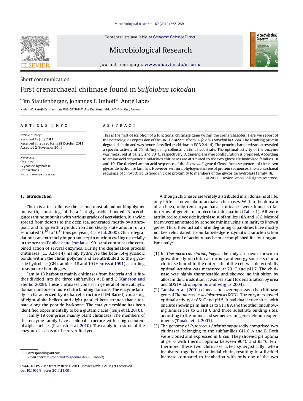 First crenarchaeal chitinase found in Sulfolobus tokodaii