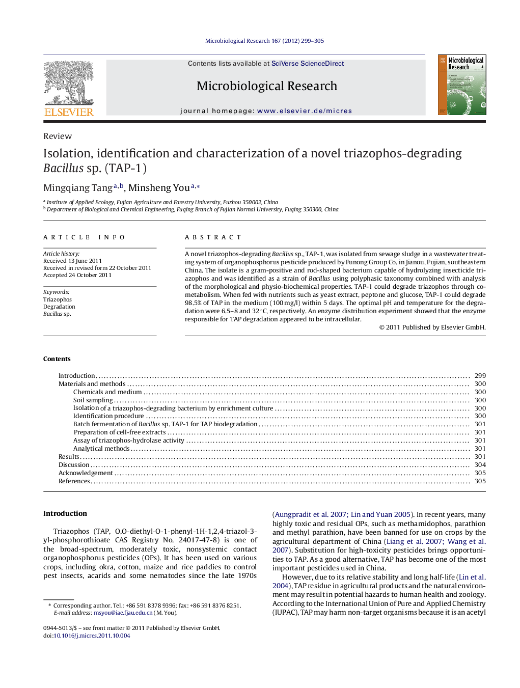 Isolation, identification and characterization of a novel triazophos-degrading Bacillus sp. (TAP-1)