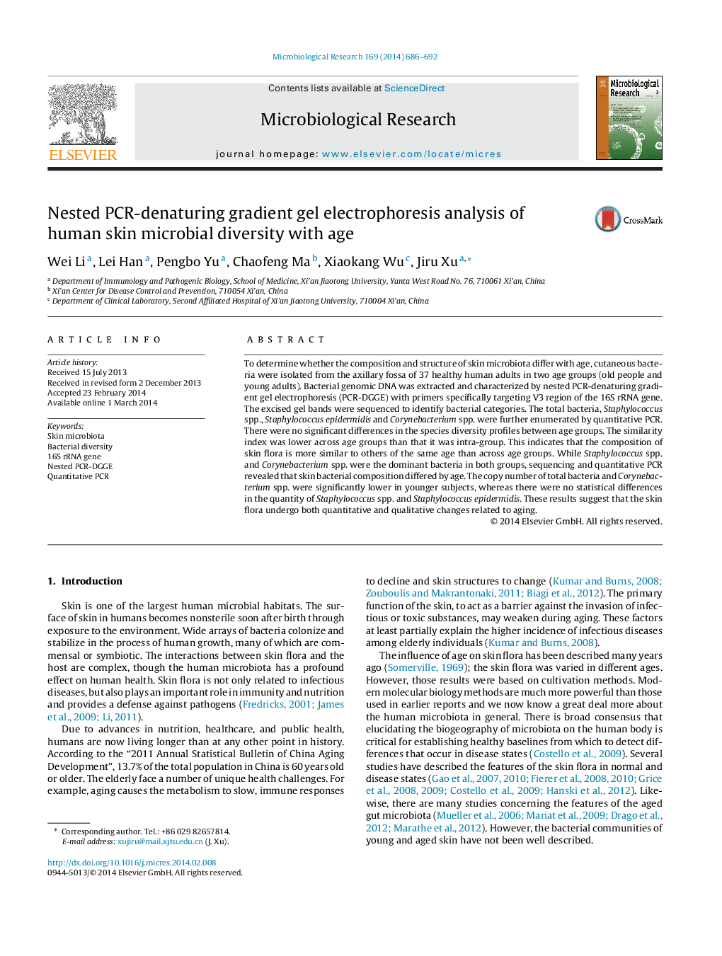 Nested PCR-denaturing gradient gel electrophoresis analysis of human skin microbial diversity with age