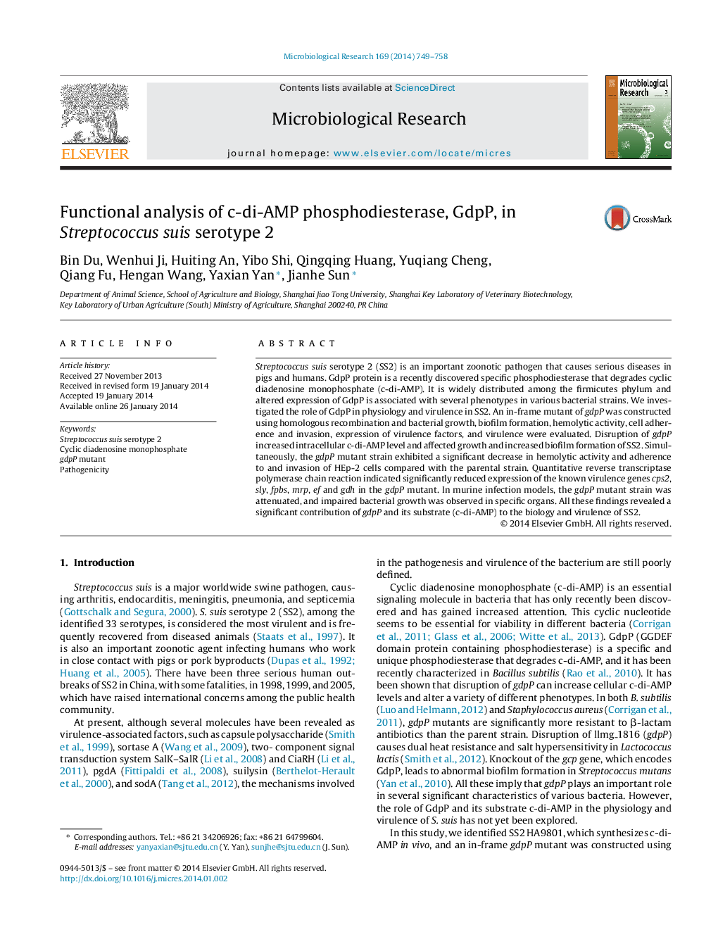 Functional analysis of c-di-AMP phosphodiesterase, GdpP, in Streptococcus suis serotype 2