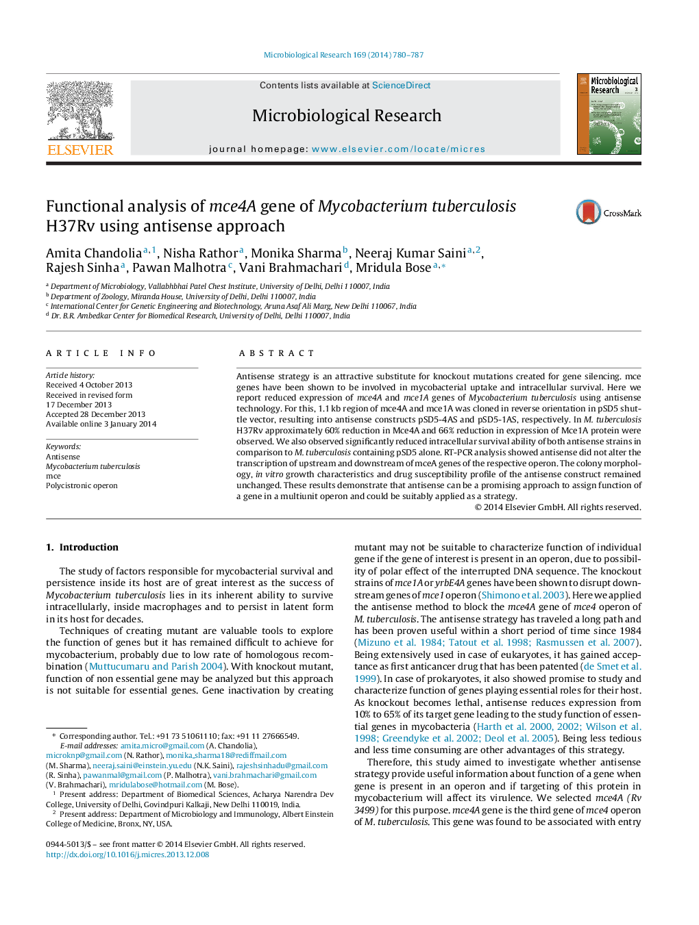 Functional analysis of mce4A gene of Mycobacterium tuberculosis H37Rv using antisense approach