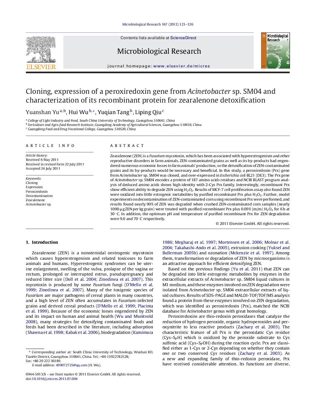 Cloning, expression of a peroxiredoxin gene from Acinetobacter sp. SM04 and characterization of its recombinant protein for zearalenone detoxification