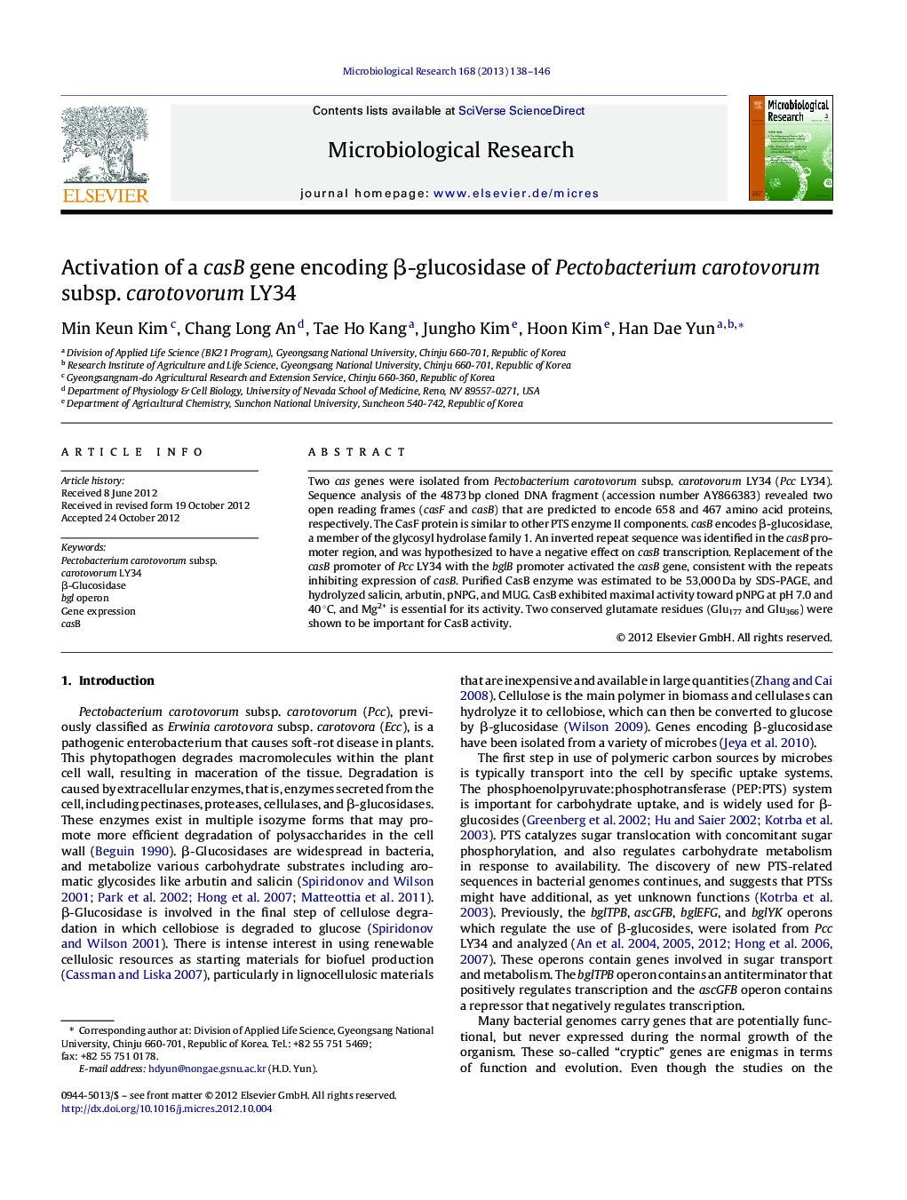 عکس صفحه اول مقاله: Activation of a casB gene encoding β-glucosidase of Pectobacterium carotovorum subsp. carotovorum LY34 Activation of a casB gene encoding β-glucosidase of Pectobacterium carotovorum subsp. carotovorum LY34