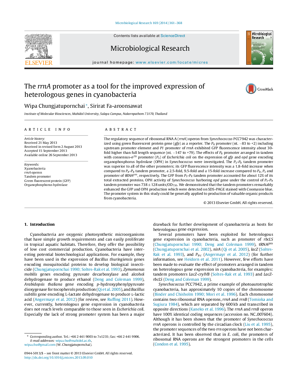 The rrnA promoter as a tool for the improved expression of heterologous genes in cyanobacteria