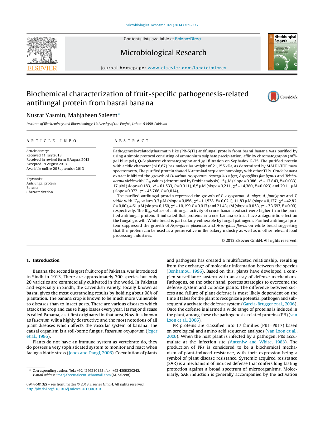 Biochemical characterization of fruit-specific pathogenesis-related antifungal protein from basrai banana