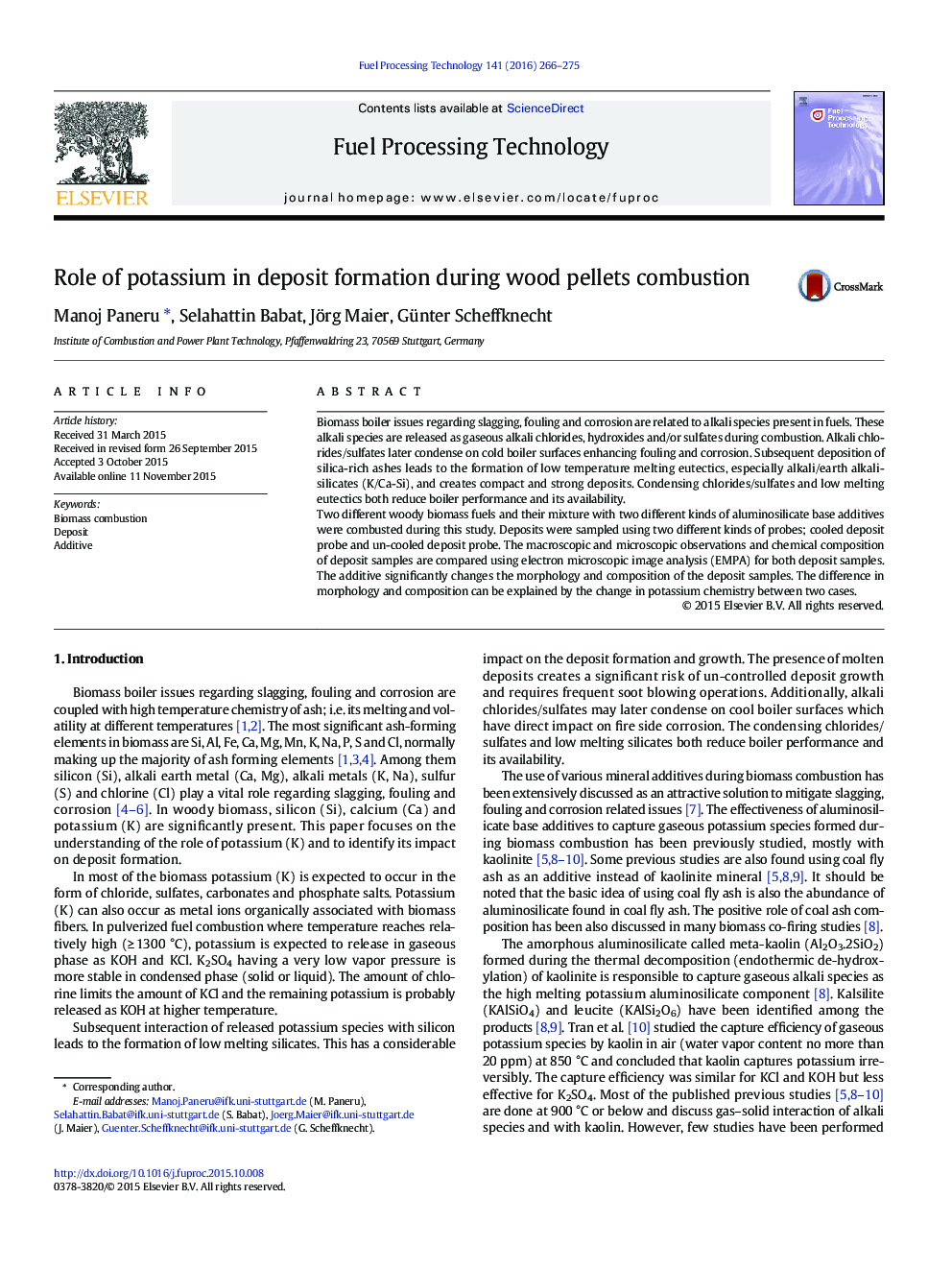 Role of potassium in deposit formation during wood pellets combustion