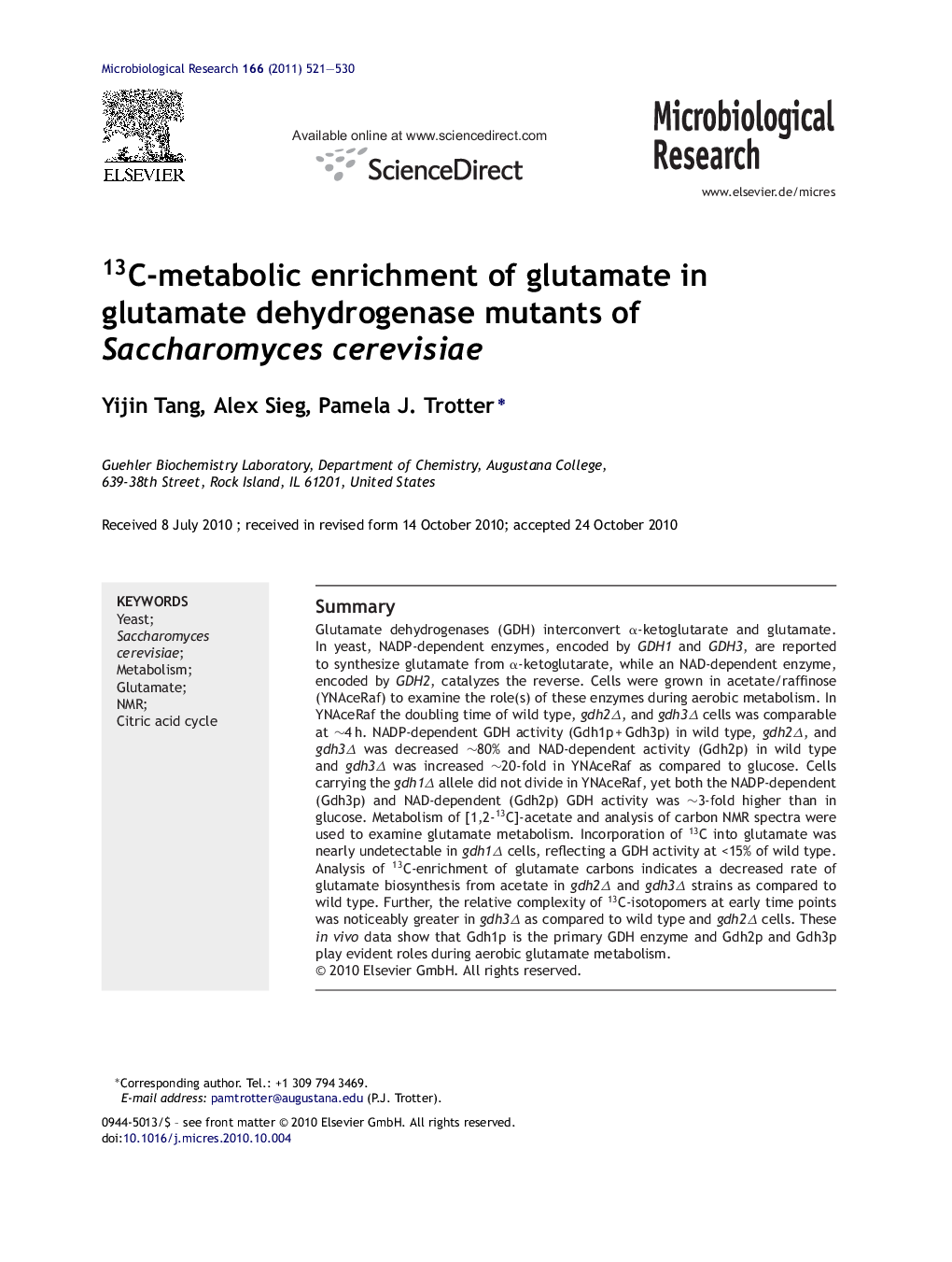 13C-metabolic enrichment of glutamate in glutamate dehydrogenase mutants of Saccharomyces cerevisiae