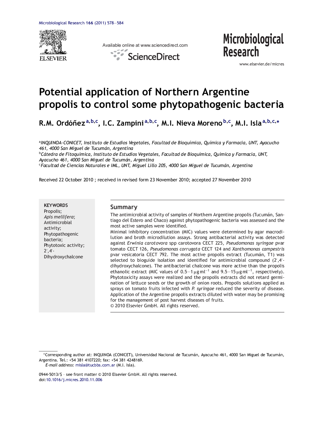 Potential application of Northern Argentine propolis to control some phytopathogenic bacteria