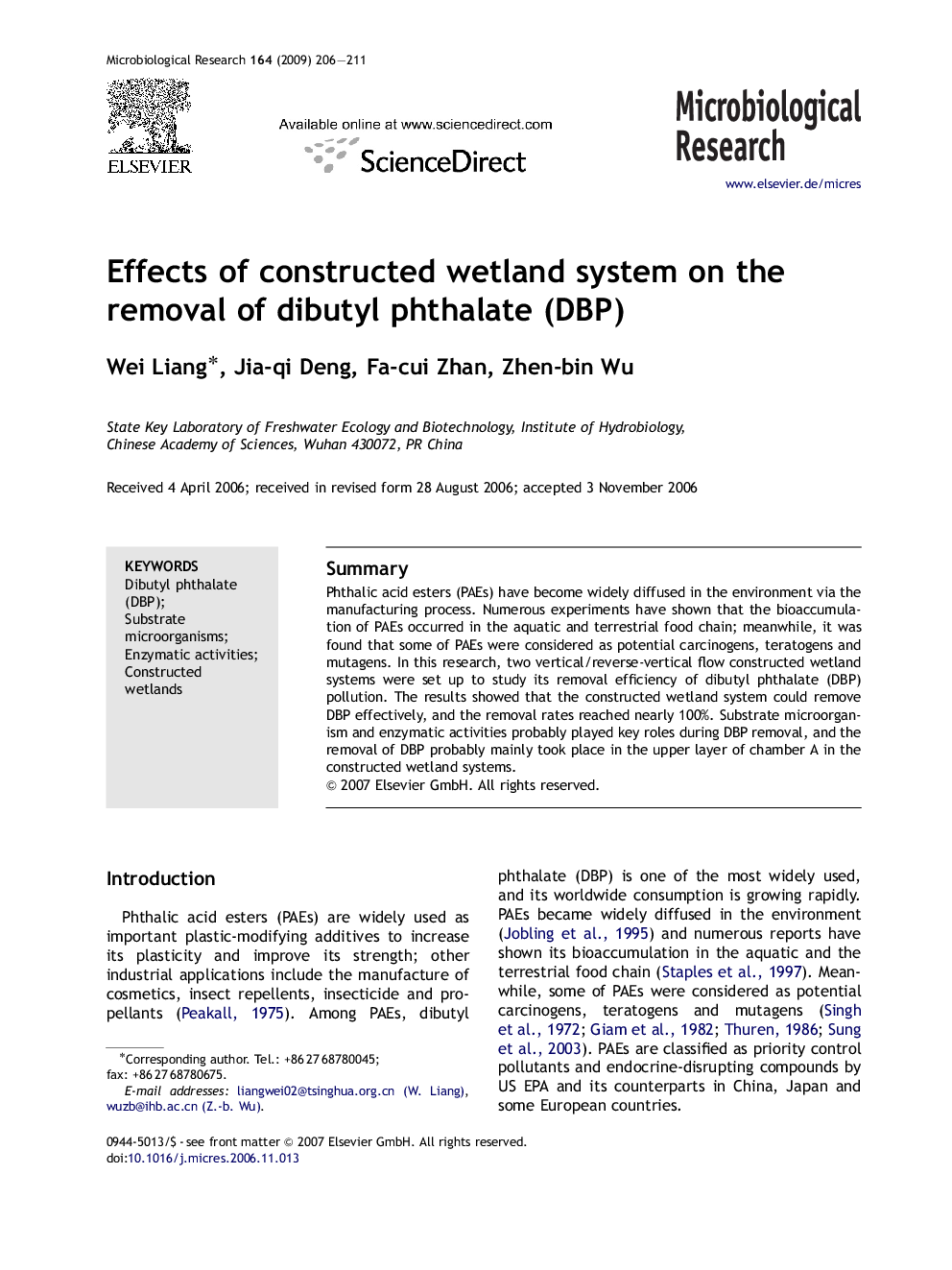 Effects of constructed wetland system on the removal of dibutyl phthalate (DBP)