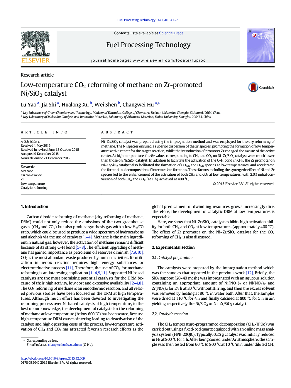 Low-temperature CO2 reforming of methane on Zr-promoted Ni/SiO2 catalyst