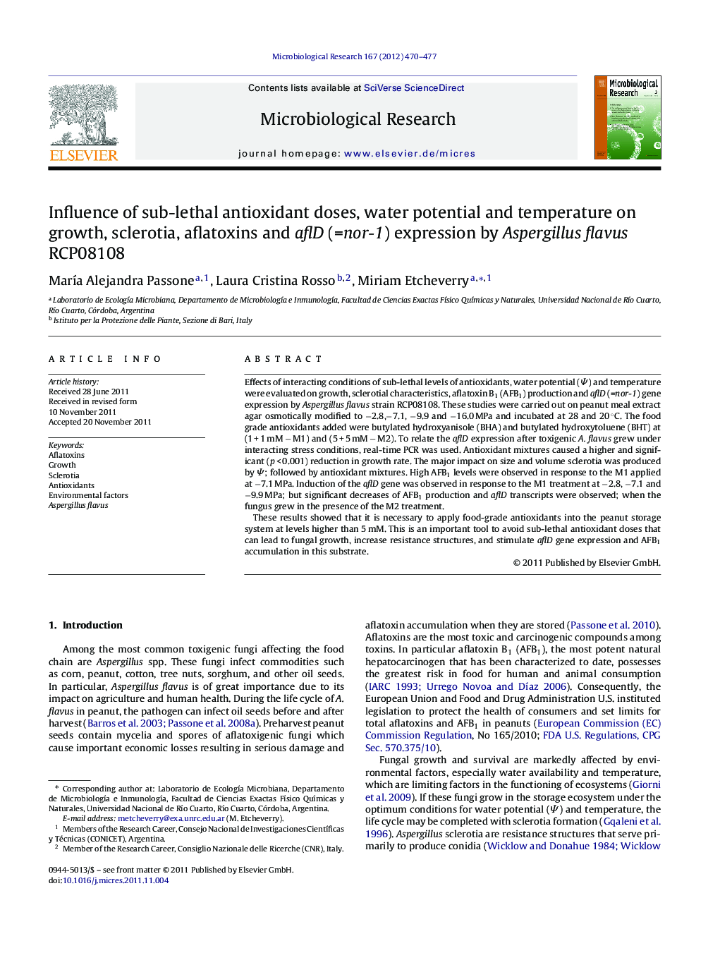 Influence of sub-lethal antioxidant doses, water potential and temperature on growth, sclerotia, aflatoxins and aflD (=nor-1) expression by Aspergillus flavus RCP08108