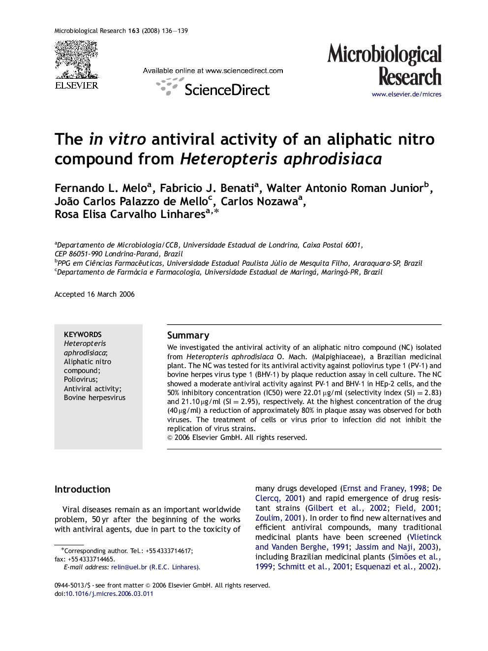 The in vitro antiviral activity of an aliphatic nitro compound from Heteropteris aphrodisiaca