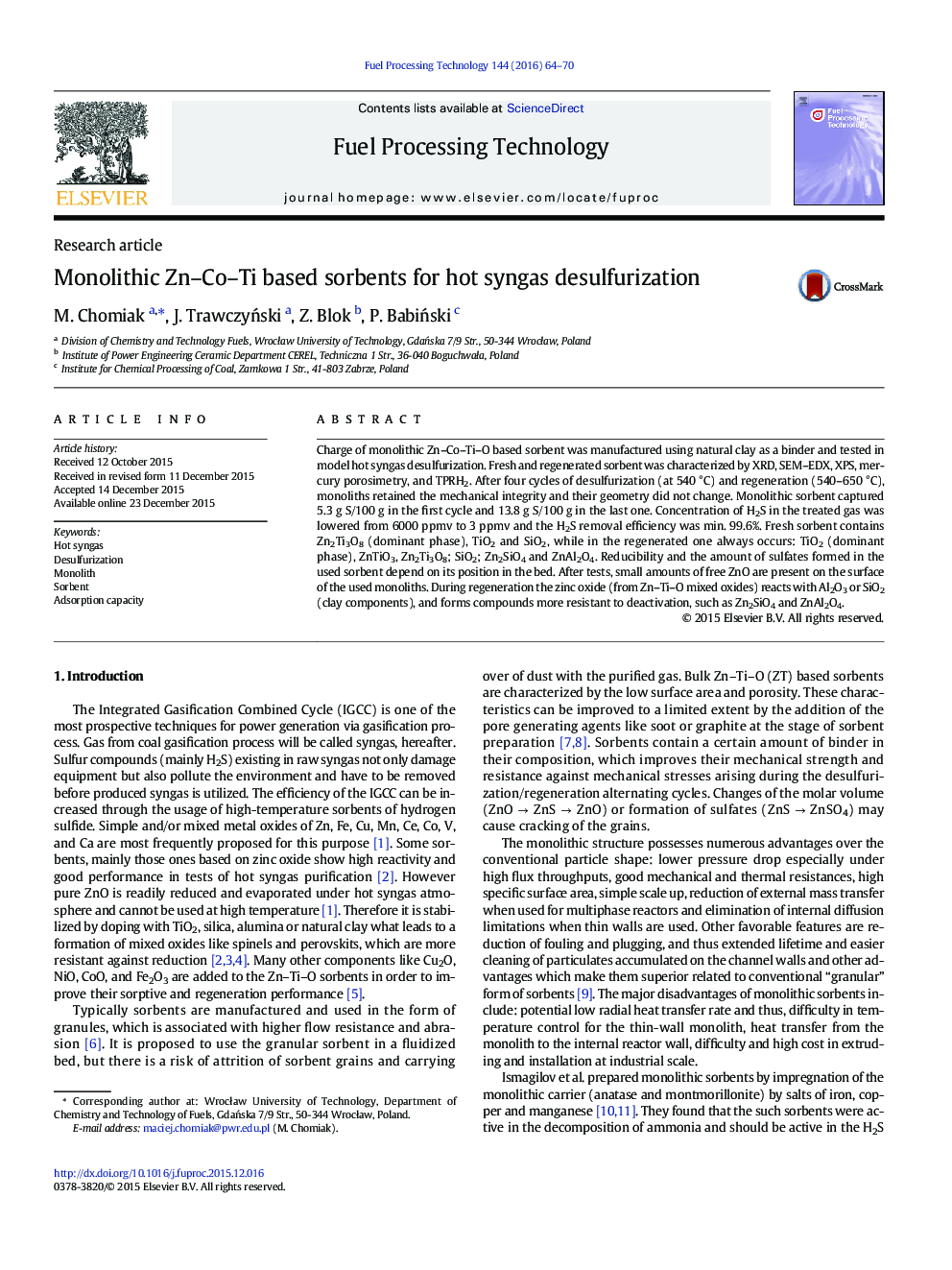 Monolithic Zn–Co–Ti based sorbents for hot syngas desulfurization