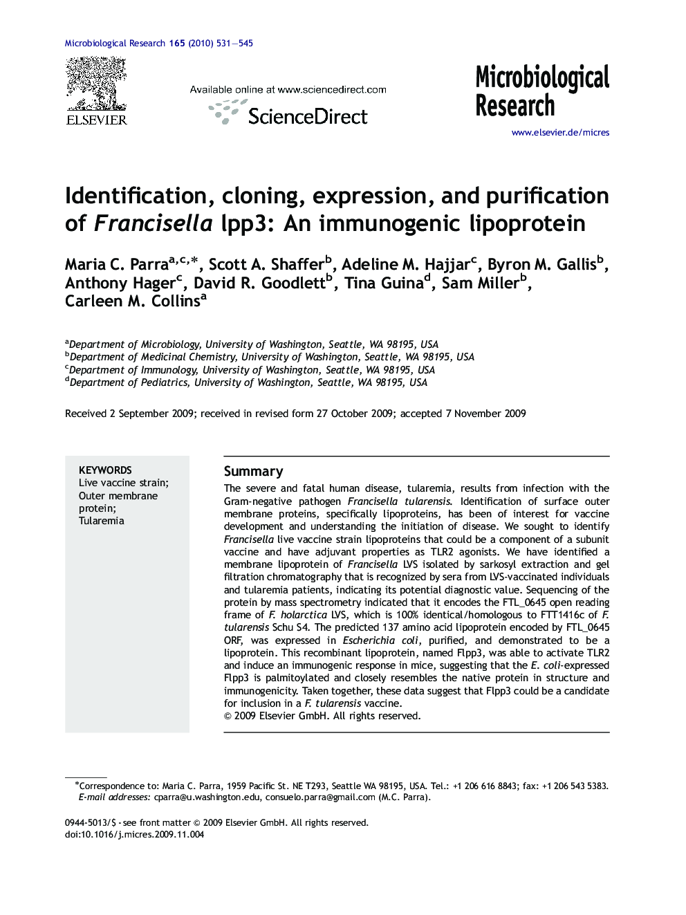 Identification, cloning, expression, and purification of Francisella lpp3: An immunogenic lipoprotein