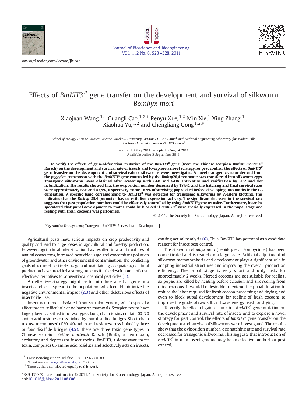 Effects of BmKIT3R gene transfer on the development and survival of silkworm Bombyx mori