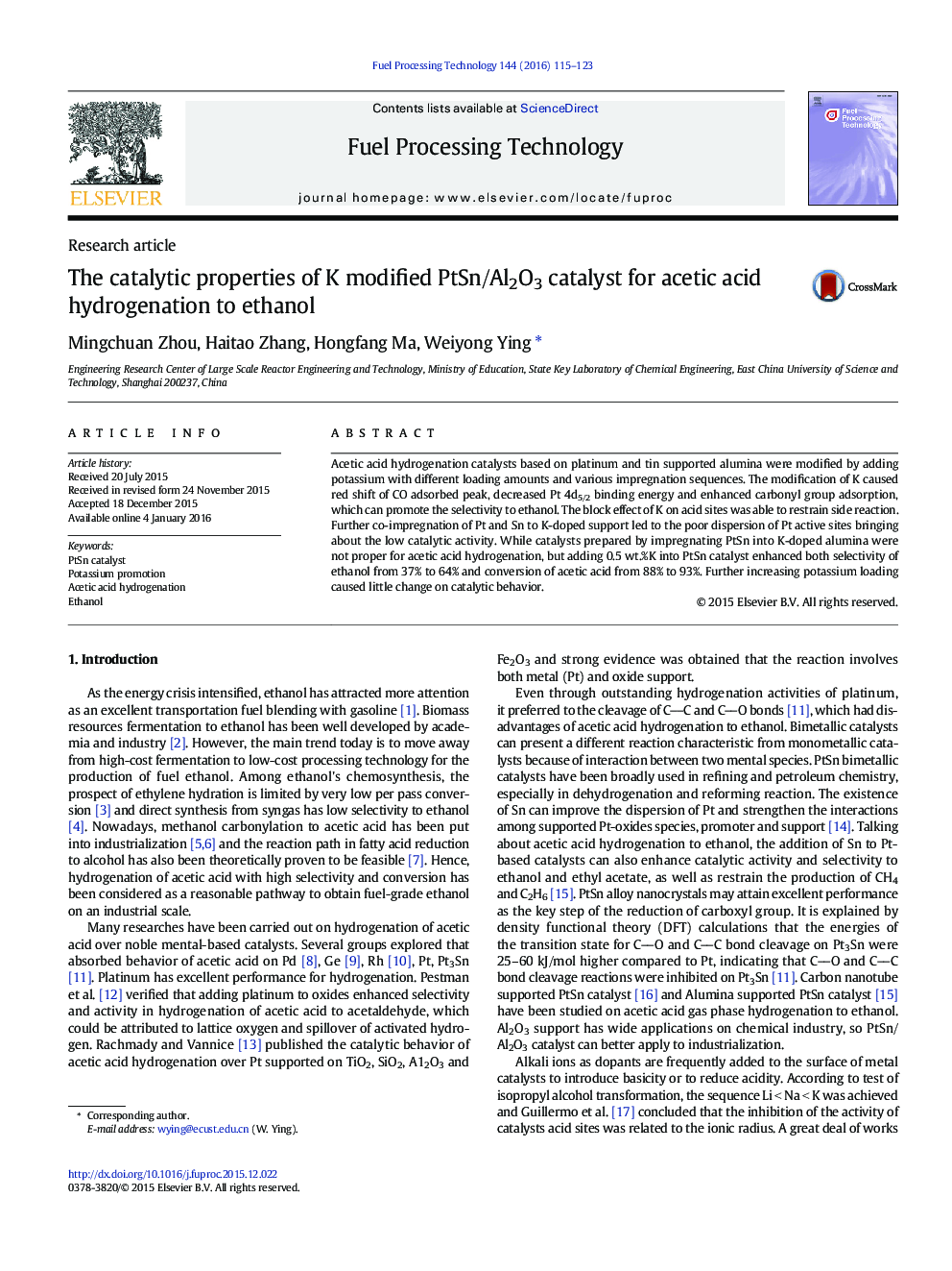 The catalytic properties of K modified PtSn/Al2O3 catalyst for acetic acid hydrogenation to ethanol