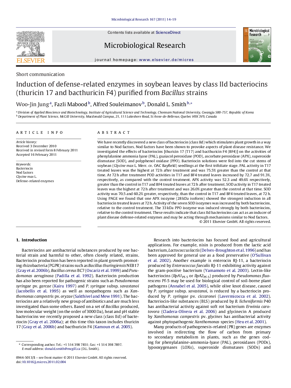 Induction of defense-related enzymes in soybean leaves by class IId bacteriocins (thuricin 17 and bacthuricin F4) purified from Bacillus strains