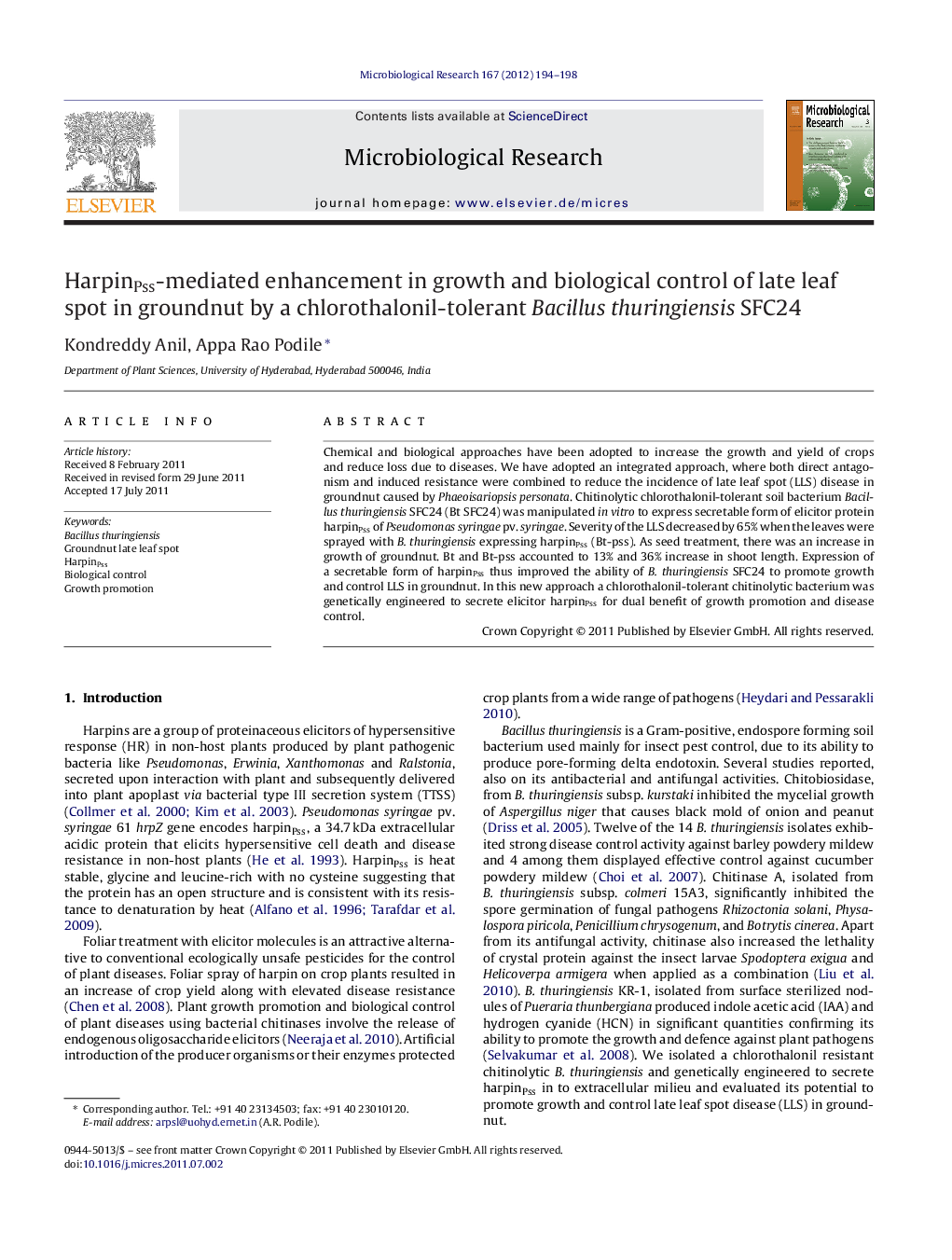 HarpinPss-mediated enhancement in growth and biological control of late leaf spot in groundnut by a chlorothalonil-tolerant Bacillus thuringiensis SFC24