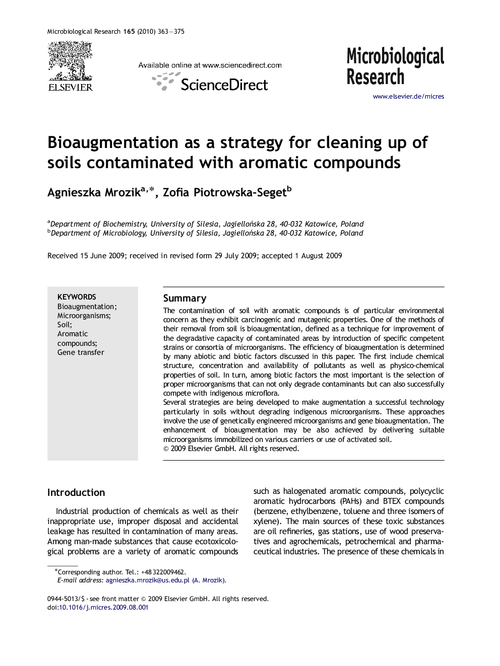 Bioaugmentation as a strategy for cleaning up of soils contaminated with aromatic compounds