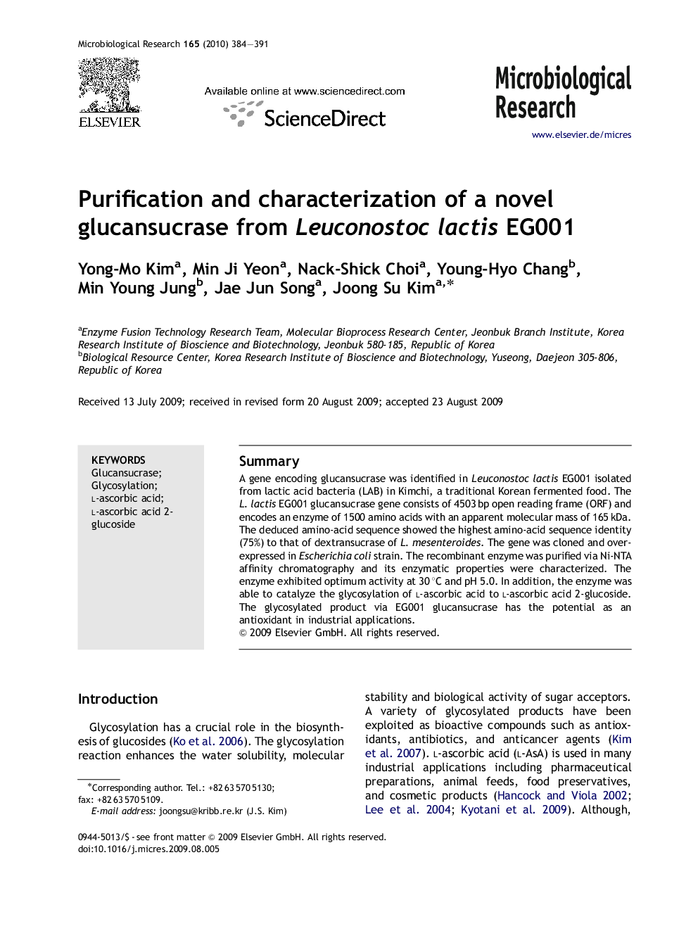 Purification and characterization of a novel glucansucrase from Leuconostoc lactis EG001