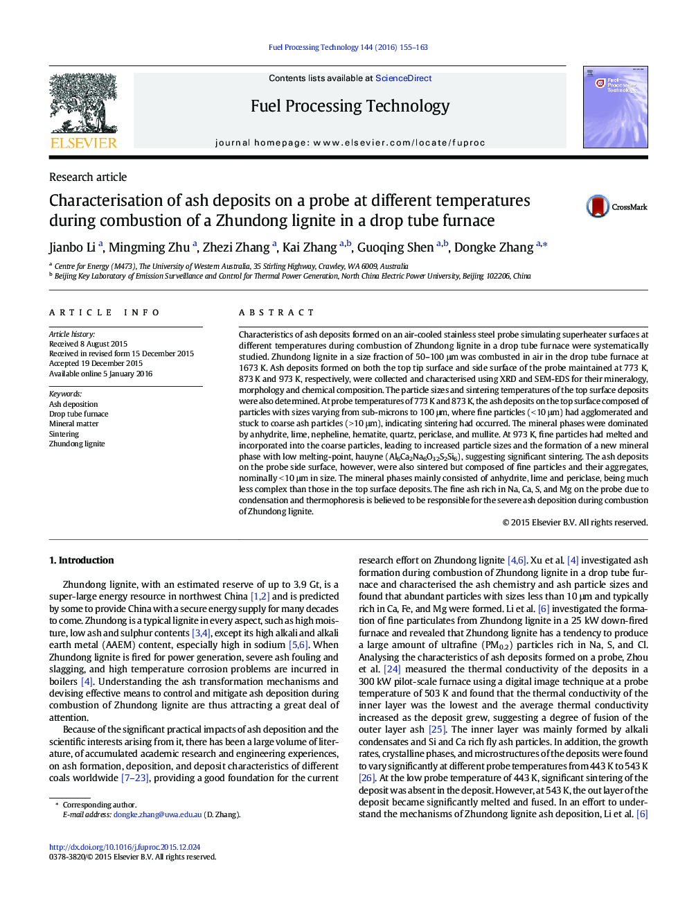 Characterisation of ash deposits on a probe at different temperatures during combustion of a Zhundong lignite in a drop tube furnace