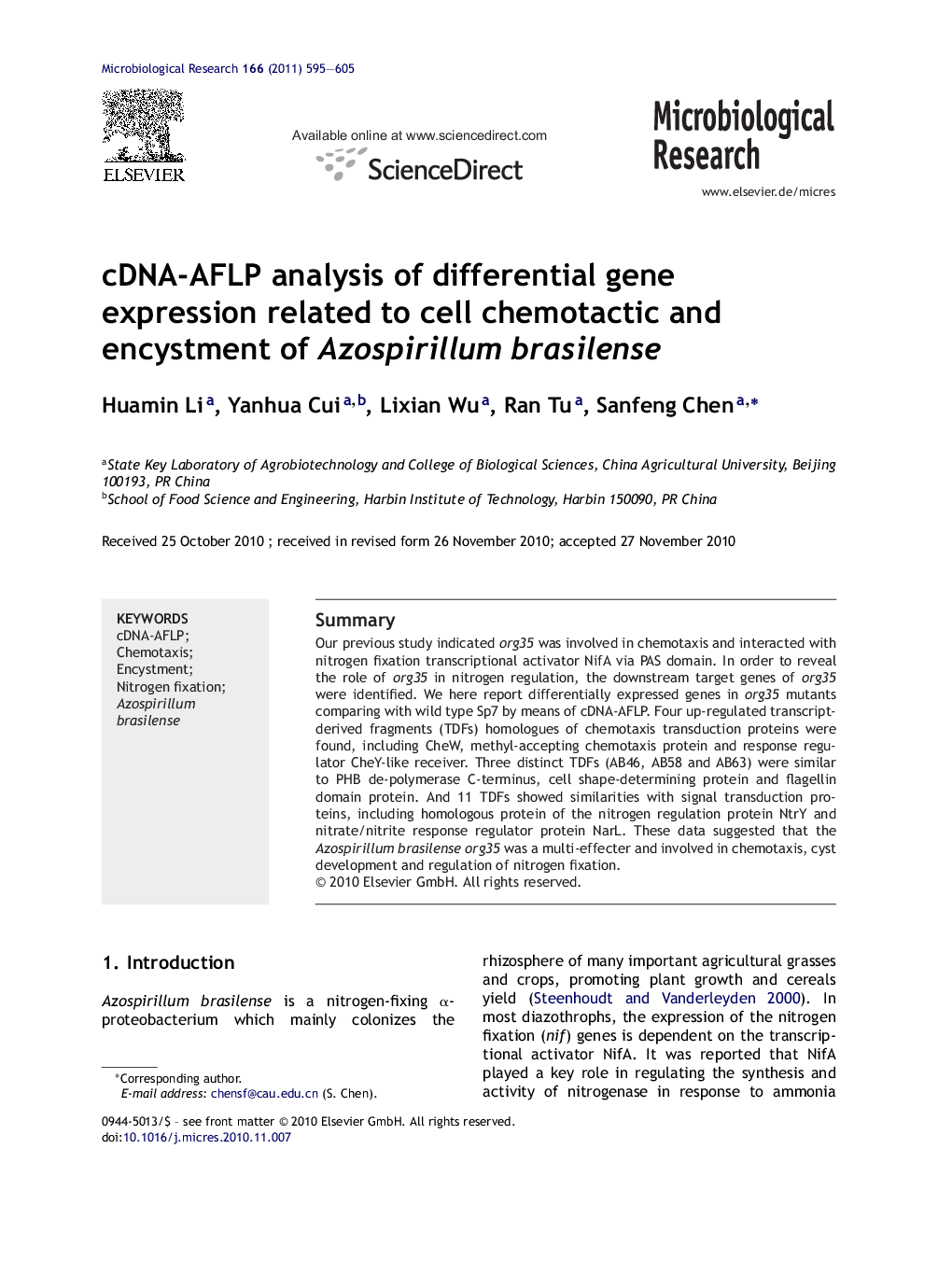 cDNA-AFLP analysis of differential gene expression related to cell chemotactic and encystment of Azospirillum brasilense