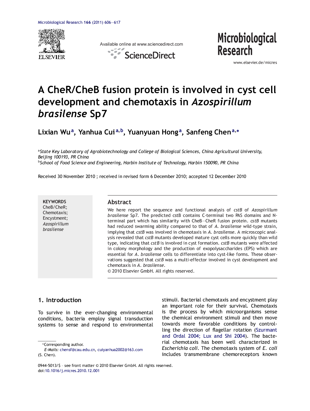 A CheR/CheB fusion protein is involved in cyst cell development and chemotaxis in Azospirillum brasilense Sp7