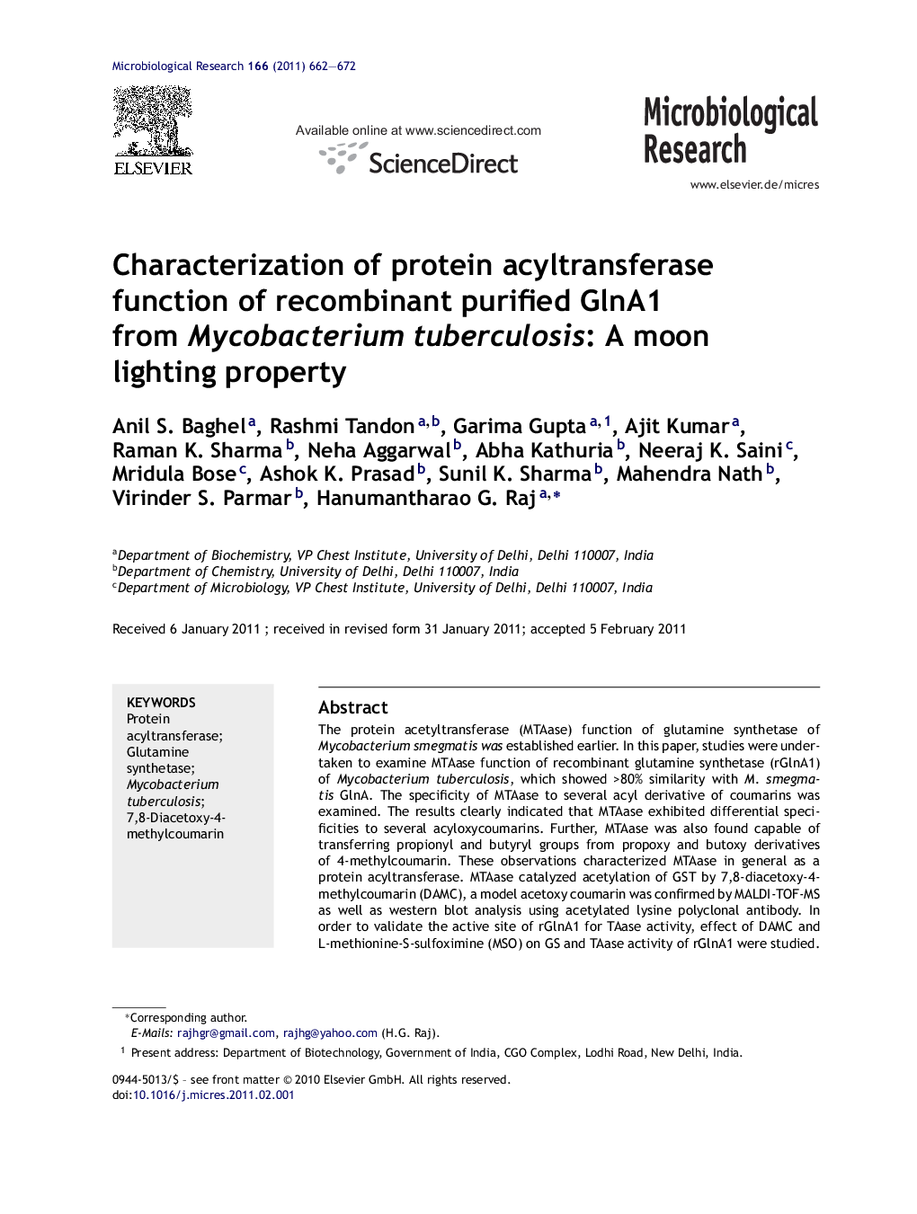 Characterization of protein acyltransferase function of recombinant purified GlnA1 from Mycobacterium tuberculosis: A moon lighting property