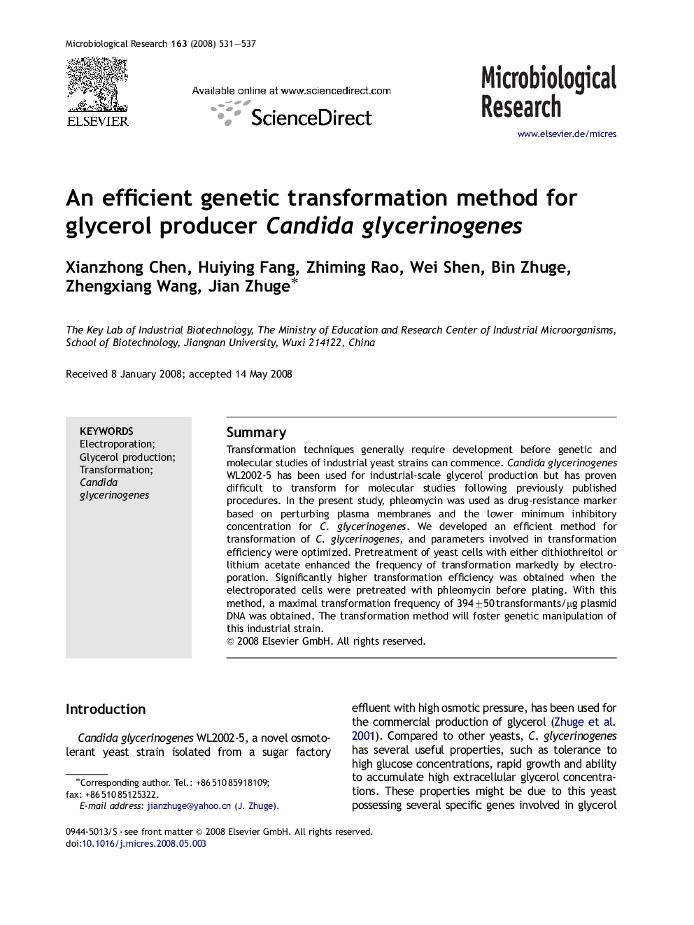 An efficient genetic transformation method for glycerol producer Candida glycerinogenes